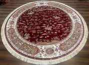 Large Round Turkish Silk Rug 8x8, Hunting Design, Dark Red & Ivory, Bamboo Silk - Jewel RugsShopify CollectiveHUNTEDFOX - Large Round Turkish Silk Rug 8x8, Hunting Design, Dark Red & Ivory, Bamboo Silk