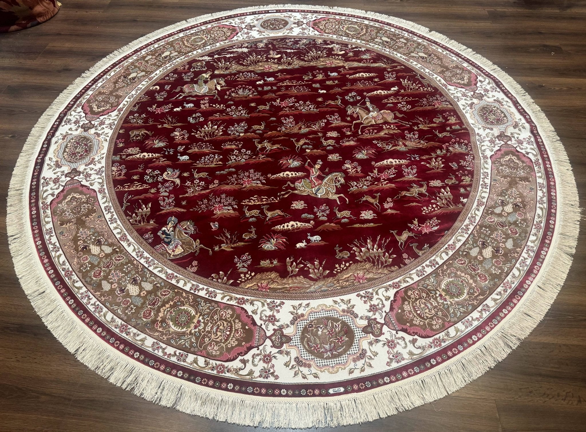 Large Round Turkish Silk Rug 8x8, Hunting Design, Dark Red & Ivory, Bamboo Silk - Jewel RugsShopify CollectiveHUNTEDFOX - Large Round Turkish Silk Rug 8x8, Hunting Design, Dark Red & Ivory, Bamboo Silk