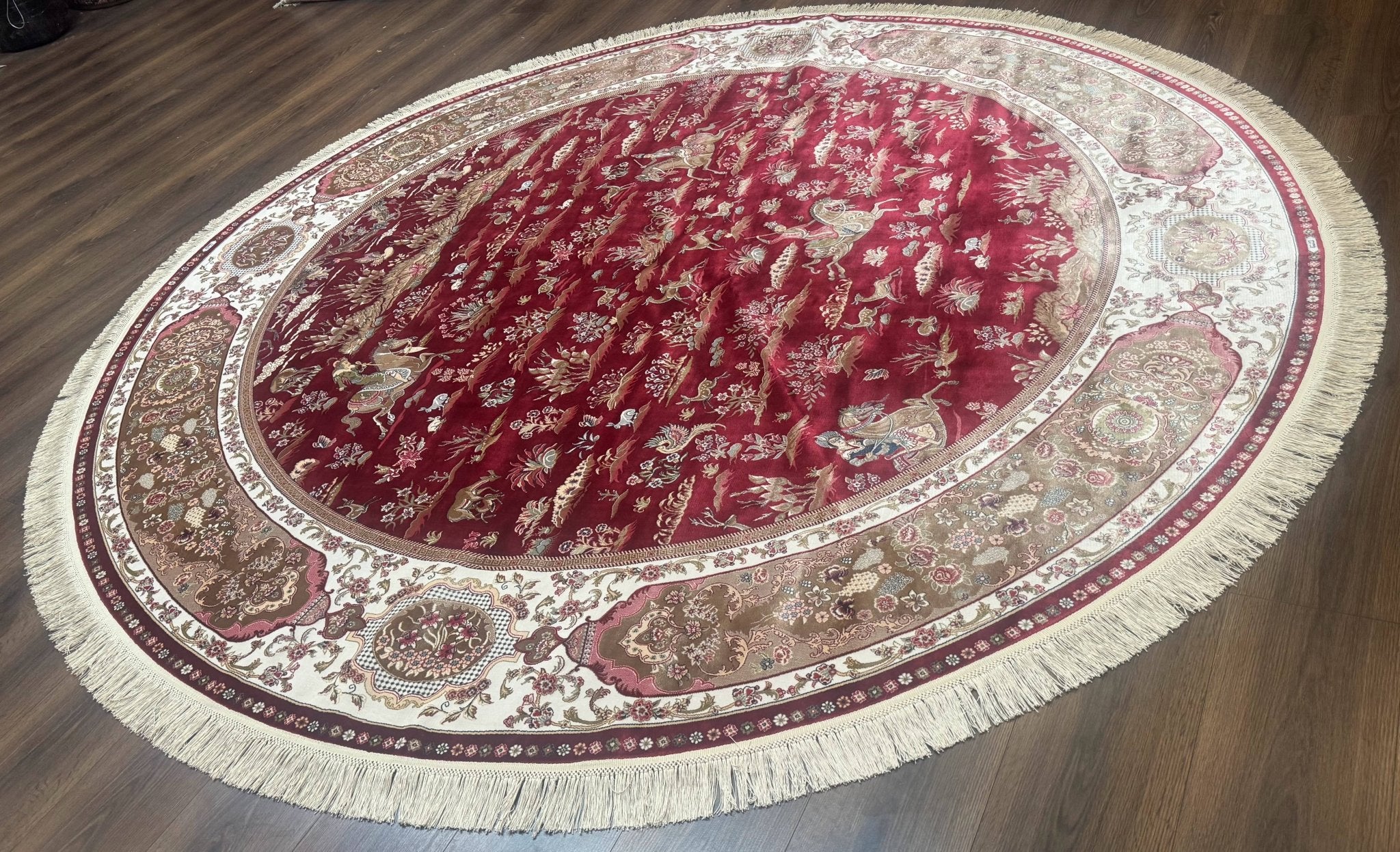 Large Round Turkish Silk Rug 8x8, Hunting Design, Dark Red & Ivory, Bamboo Silk - Jewel RugsShopify CollectiveHUNTEDFOX - Large Round Turkish Silk Rug 8x8, Hunting Design, Dark Red & Ivory, Bamboo Silk