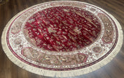 Large Round Turkish Silk Rug 8x8, Hunting Design, Dark Red & Ivory, Bamboo Silk - Jewel RugsShopify CollectiveHUNTEDFOX - Large Round Turkish Silk Rug 8x8, Hunting Design, Dark Red & Ivory, Bamboo Silk