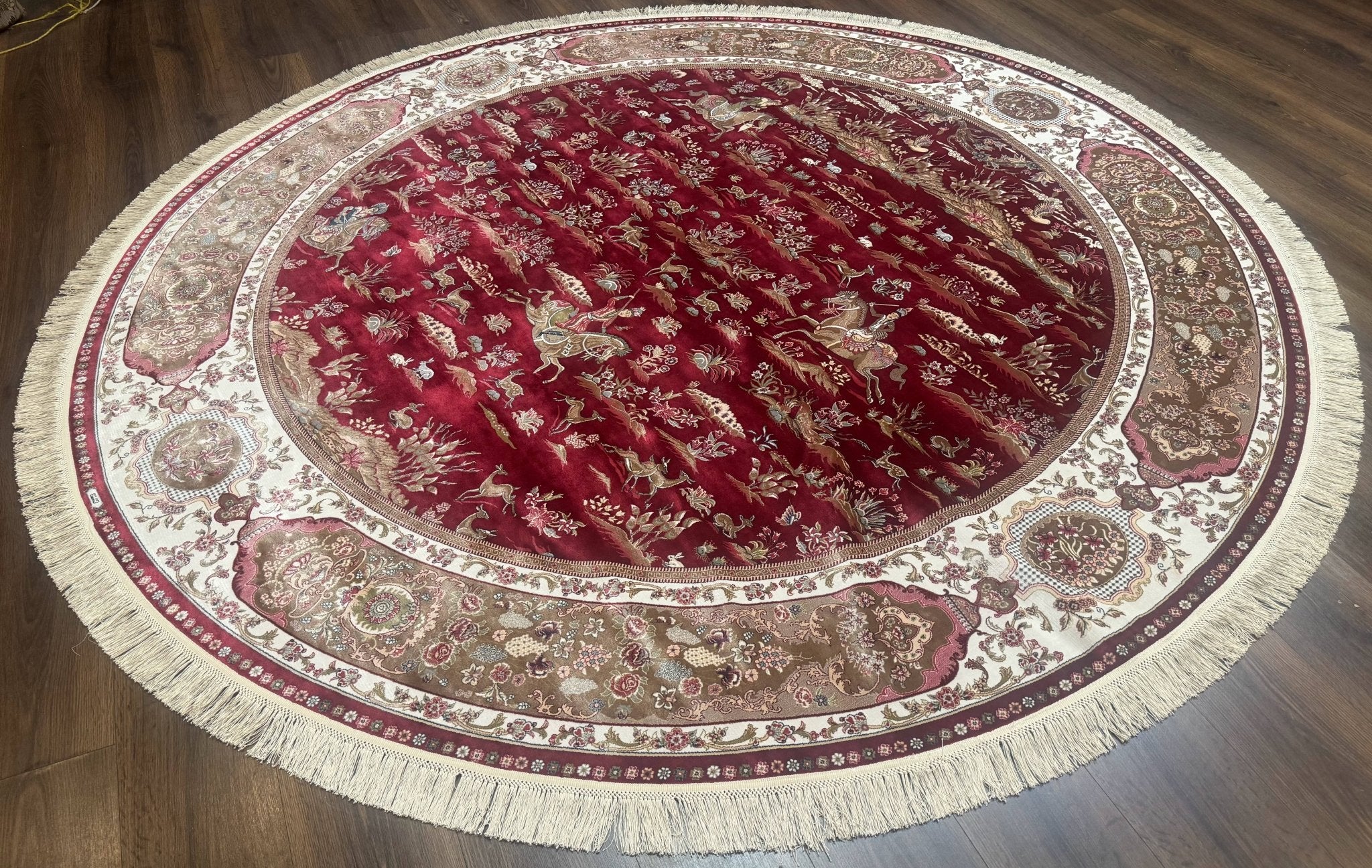 Large Round Turkish Silk Rug 8x8, Hunting Design, Dark Red & Ivory, Bamboo Silk - Jewel RugsShopify CollectiveHUNTEDFOX - Large Round Turkish Silk Rug 8x8, Hunting Design, Dark Red & Ivory, Bamboo Silk
