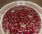 Large Round Turkish Silk Rug 8x8, Hunting Design, Dark Red & Ivory, Bamboo Silk - Jewel RugsShopify CollectiveHUNTEDFOX - Large Round Turkish Silk Rug 8x8, Hunting Design, Dark Red & Ivory, Bamboo Silk