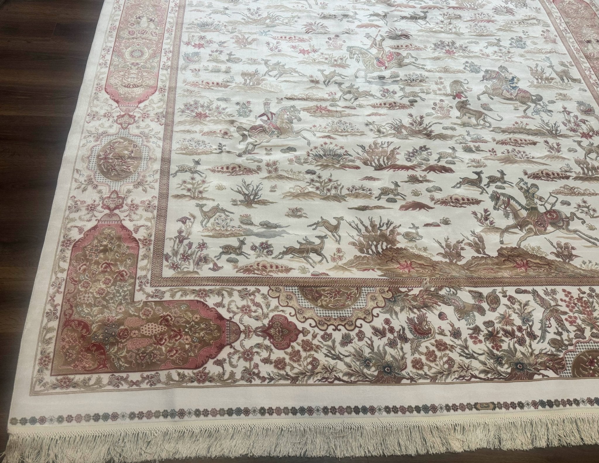 Large Turkish Silk Rug 8x10, Ivory, Hunting Design, Bamboo Silk, New - Jewel RugsShopify CollectiveHUNTEDFOX - Large Turkish Silk Rug 8x10, Ivory, Hunting Design, Bamboo Silk, New