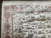 Large Turkish Silk Rug 8x10, Ivory, Hunting Design, Bamboo Silk, New - Jewel RugsShopify CollectiveHUNTEDFOX - Large Turkish Silk Rug 8x10, Ivory, Hunting Design, Bamboo Silk, New