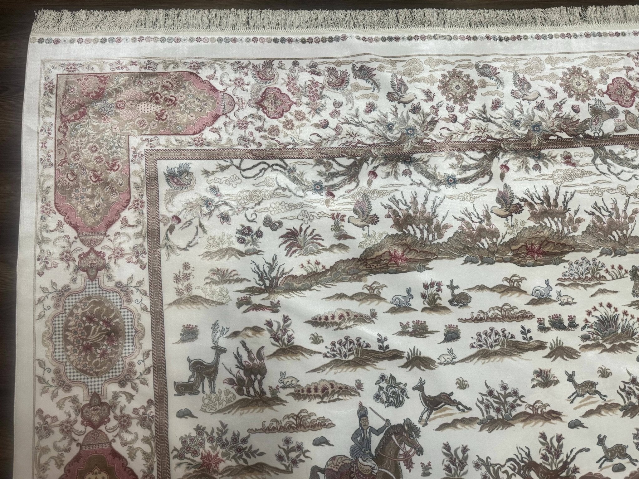 Large Turkish Silk Rug 8x10, Ivory, Hunting Design, Bamboo Silk, New - Jewel RugsShopify CollectiveHUNTEDFOX - Large Turkish Silk Rug 8x10, Ivory, Hunting Design, Bamboo Silk, New