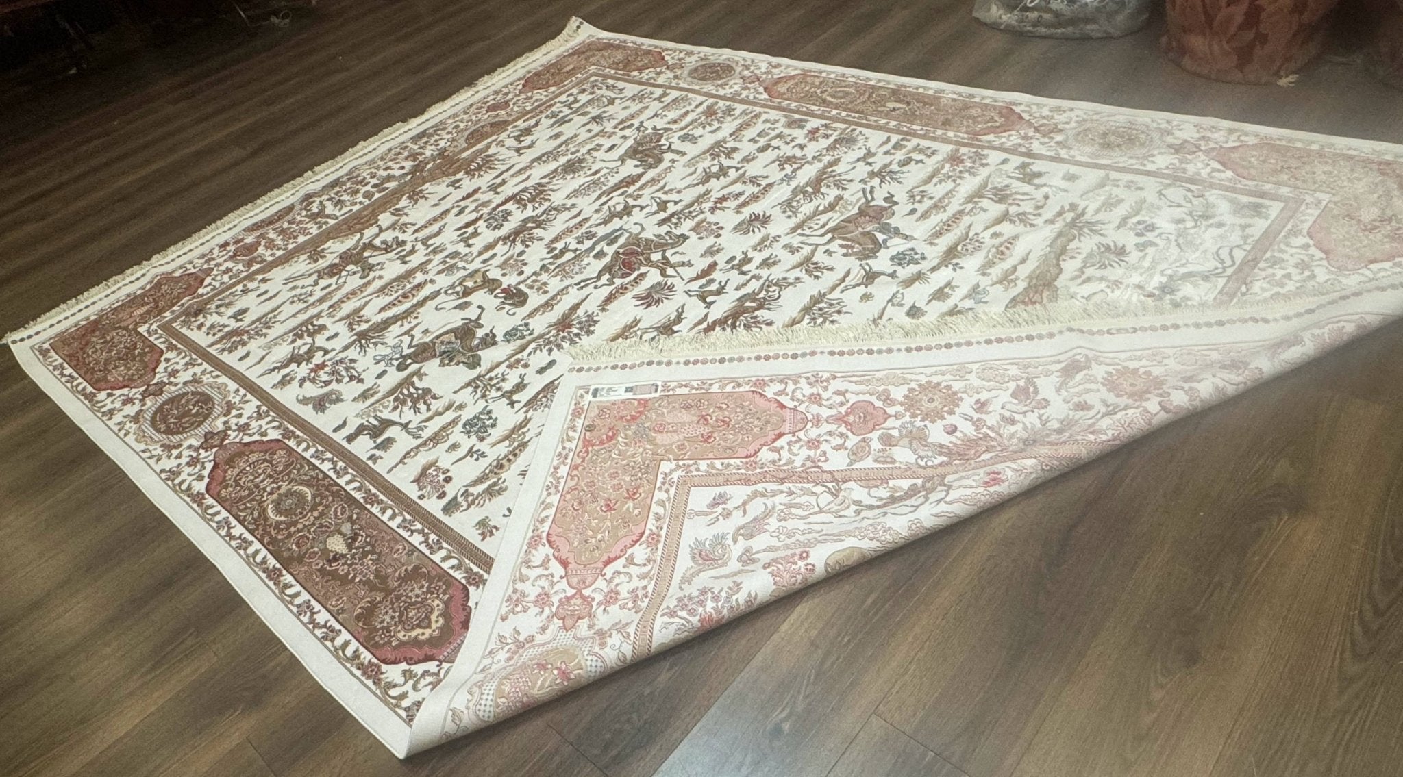 Large Turkish Silk Rug 8x10, Ivory, Hunting Design, Bamboo Silk, New - Jewel RugsShopify CollectiveHUNTEDFOX - Large Turkish Silk Rug 8x10, Ivory, Hunting Design, Bamboo Silk, New