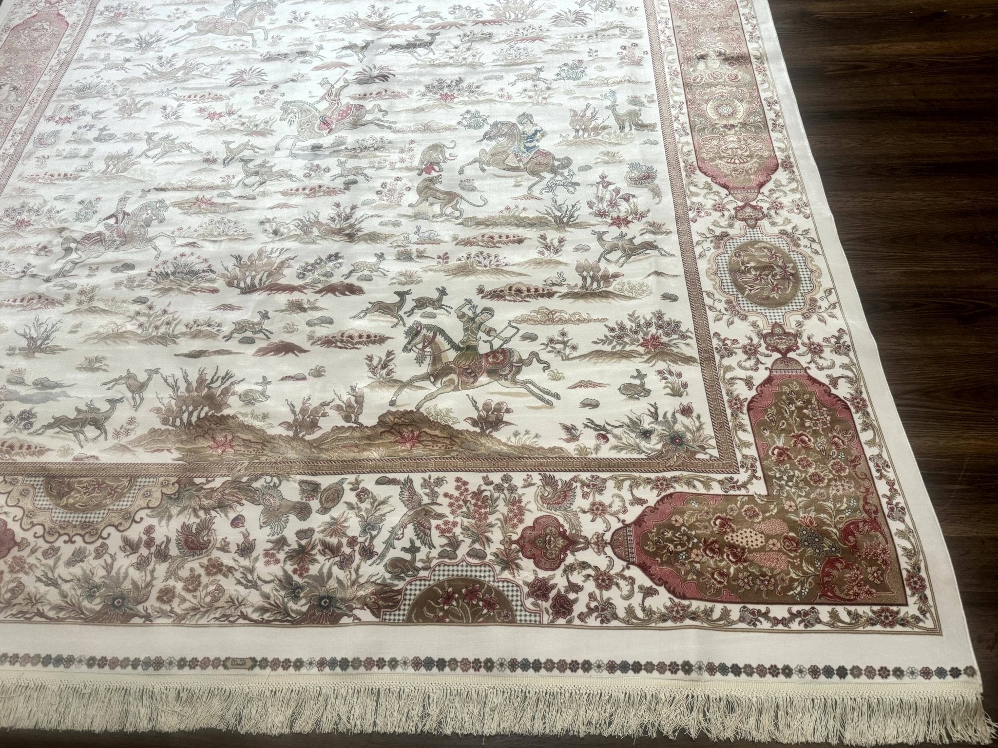 Large Turkish Silk Rug 8x10, Ivory, Hunting Design, Bamboo Silk, New - Jewel RugsShopify CollectiveHUNTEDFOX - Large Turkish Silk Rug 8x10, Ivory, Hunting Design, Bamboo Silk, New