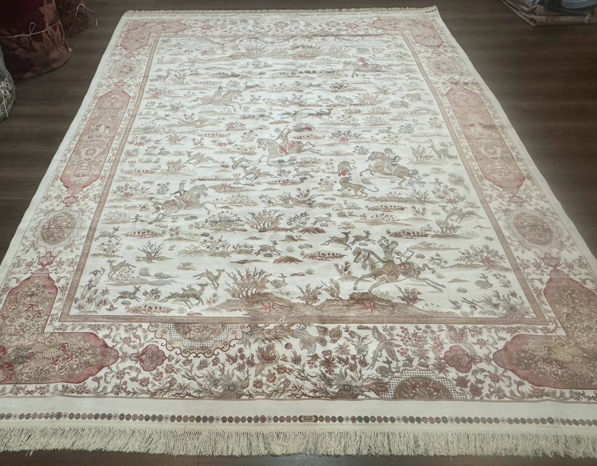 Large Turkish Silk Rug 8x10, Ivory, Hunting Design, Bamboo Silk, New - Jewel RugsShopify CollectiveHUNTEDFOX - Large Turkish Silk Rug 8x10, Ivory, Hunting Design, Bamboo Silk, New