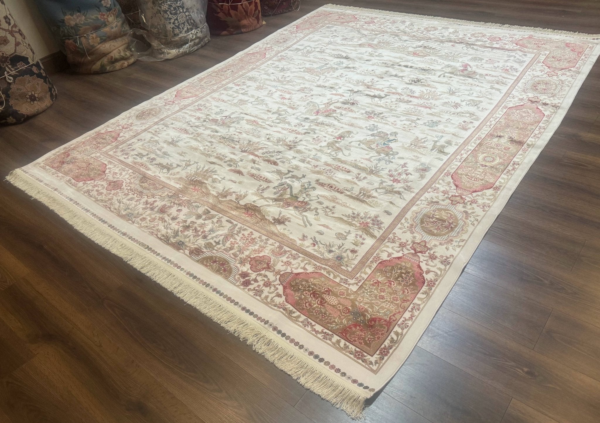 Large Turkish Silk Rug 8x10, Ivory, Hunting Design, Bamboo Silk, New - Jewel RugsShopify CollectiveHUNTEDFOX - Large Turkish Silk Rug 8x10, Ivory, Hunting Design, Bamboo Silk, New