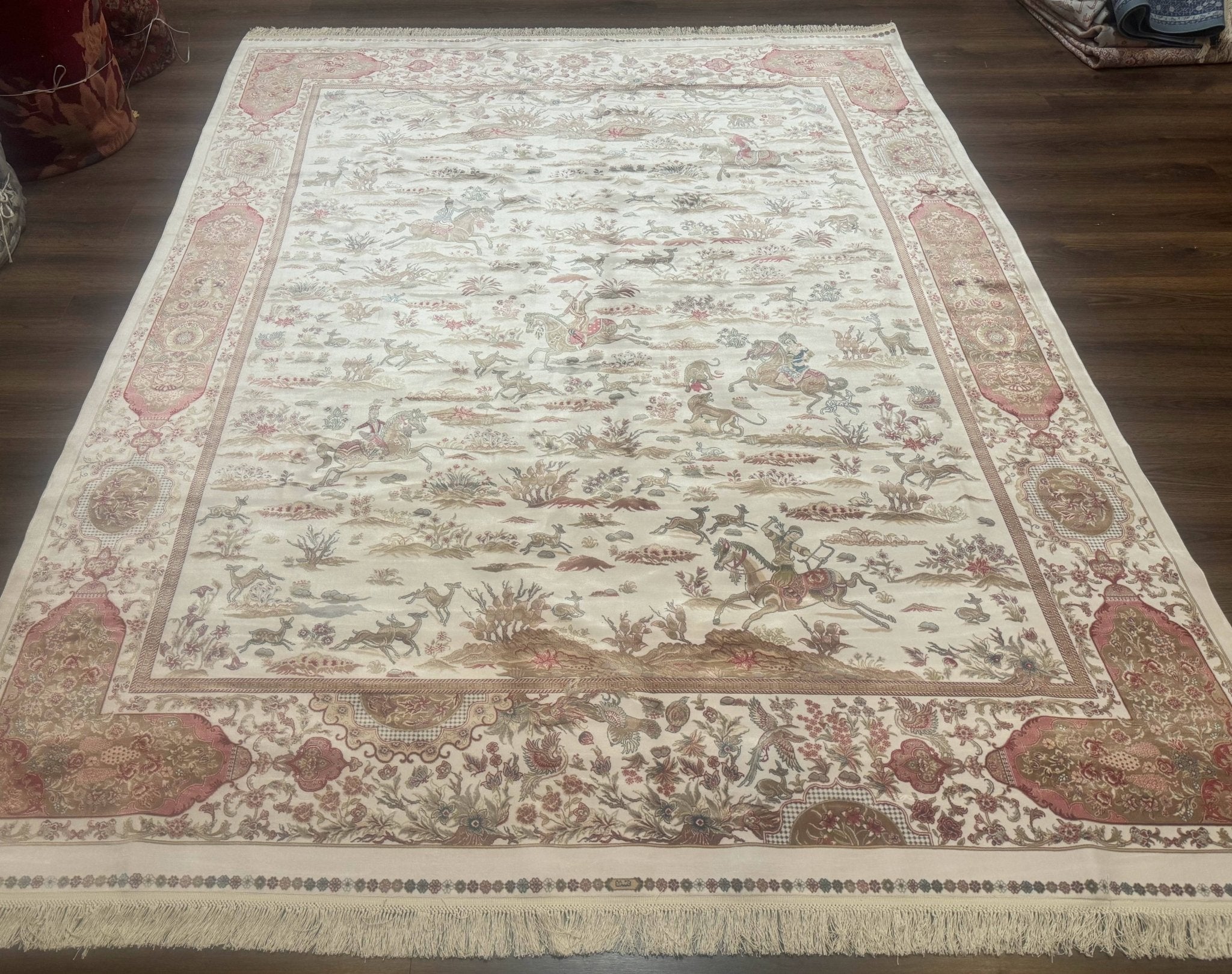 Large Turkish Silk Rug 8x10, Ivory, Hunting Design, Bamboo Silk, New - Jewel RugsShopify CollectiveHUNTEDFOX - Large Turkish Silk Rug 8x10, Ivory, Hunting Design, Bamboo Silk, New