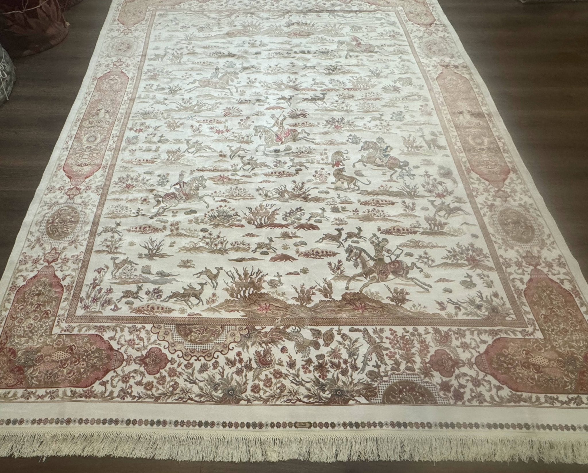 Large Turkish Silk Rug 8x10, Ivory, Hunting Design, Bamboo Silk, New - Jewel RugsShopify CollectiveHUNTEDFOX - Large Turkish Silk Rug 8x10, Ivory, Hunting Design, Bamboo Silk, New