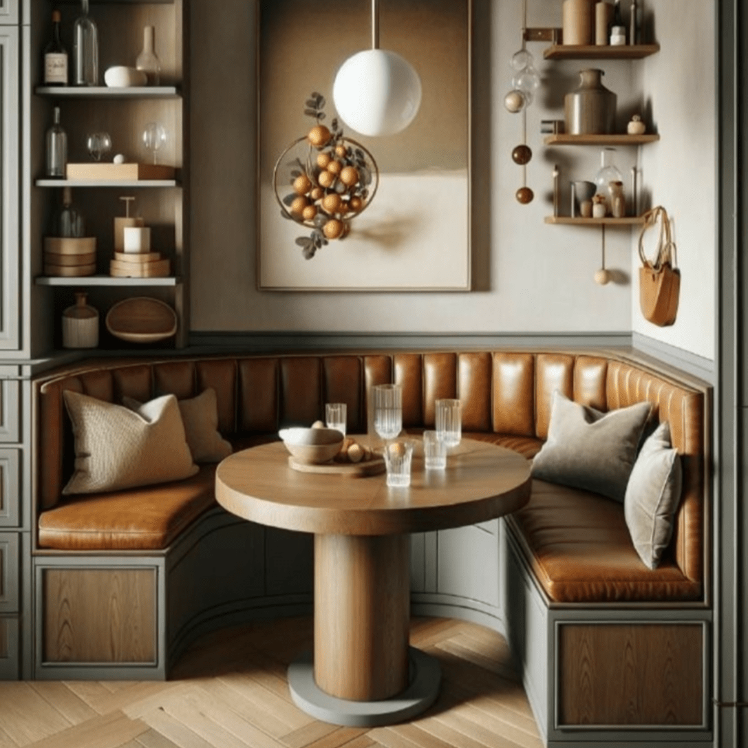 MK | Custom Corner Banquette - HUNTEDFOX - Modern interior with a wooden round table and brown leather bench seating.