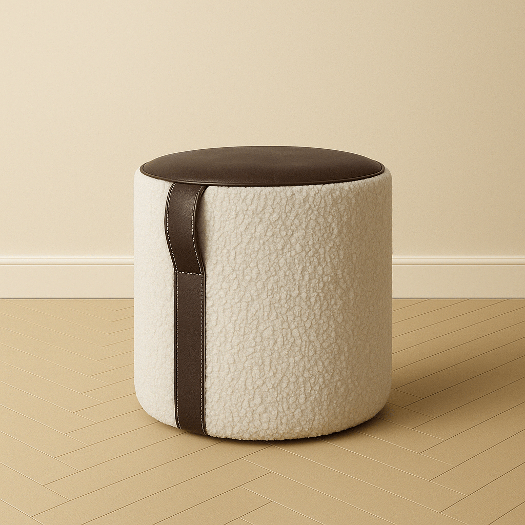 Modern Shearling + Leather Pouf – 18" Round Ottoman with Handle - H|F AtelierLEATHERottomanHUNTEDFOX - Modern Shearling + Leather Pouf – 18" Round Ottoman with Handle