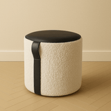 Modern Shearling + Leather Pouf – 18" Round Ottoman with Handle