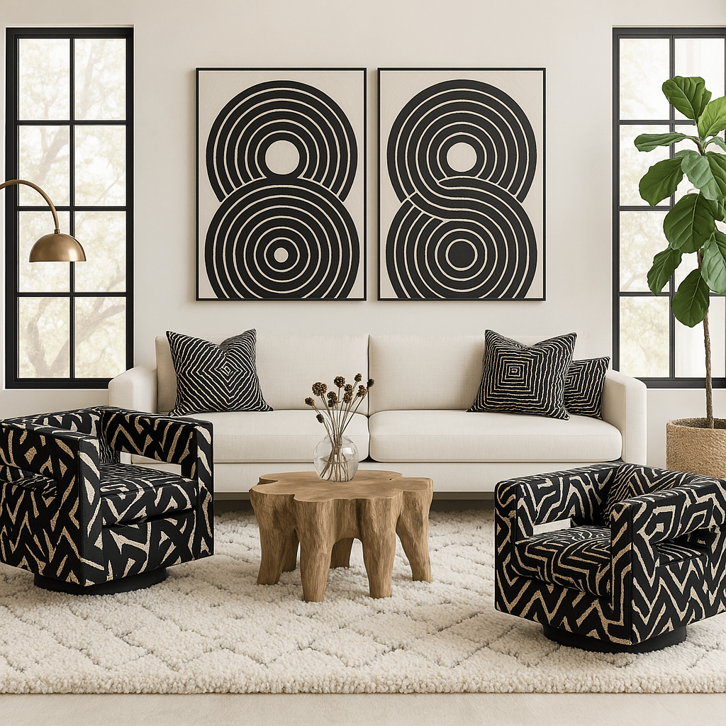 Modern Swivel "Graffiti" Accent Chair – Cutout Back + Sculpted Arms - Black & WhitefurnitureH|F AtelierHUNTEDFOX - Modern Swivel "Graffiti" Accent Chair – Cutout Back + Sculpted Arms
