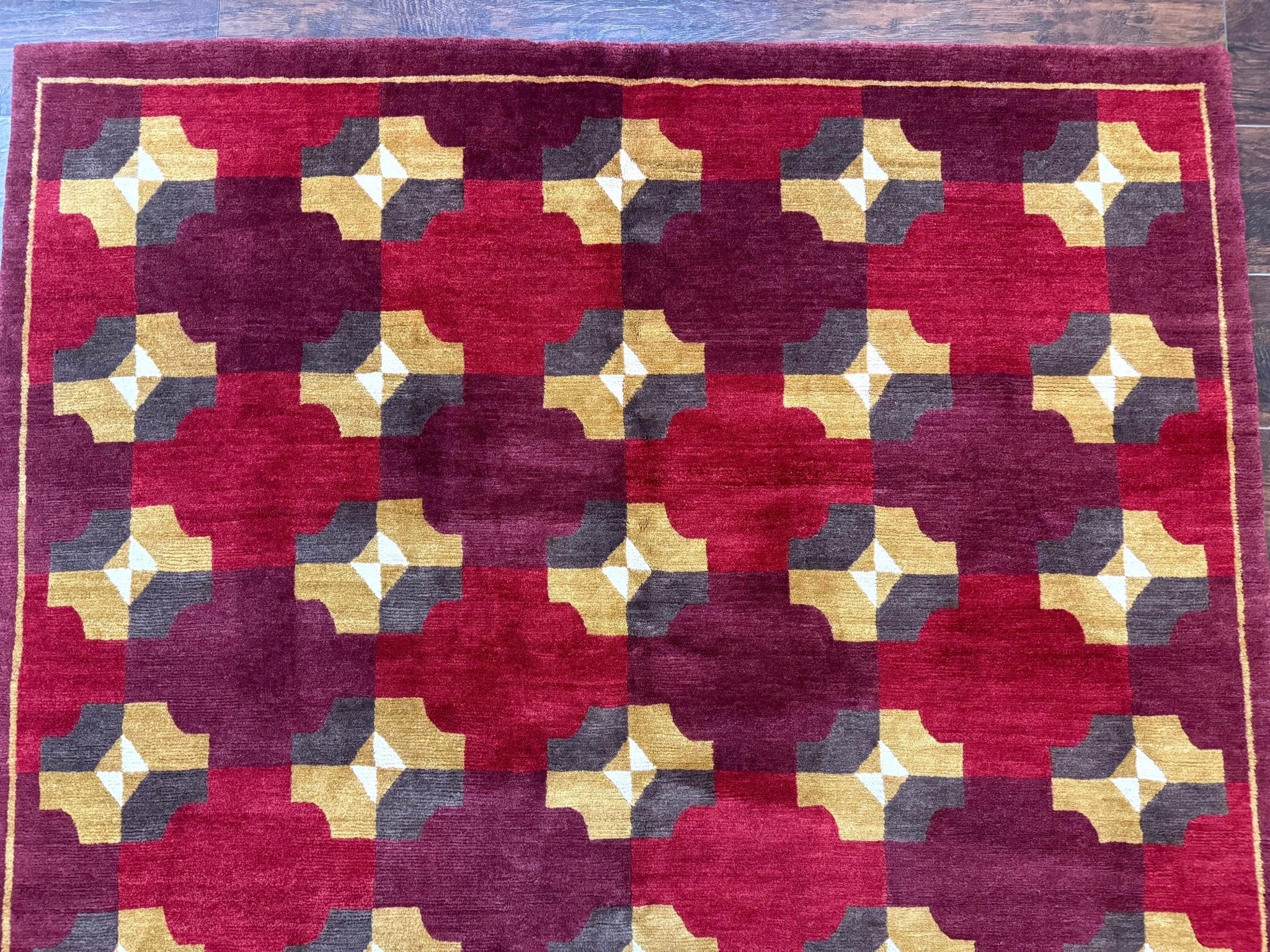 Modern Tibetan Rug 5 x 6.8, Wool, Red, Allover Pattern, Nepali Rug, Abstract Rug, Handmade Area Rug - Jewel RugsShopify CollectiveHUNTEDFOX - Modern Tibetan Rug 5 x 6.8, Wool, Red, Allover Pattern, Nepali Rug, Abstract Rug, Handmade Area Rug