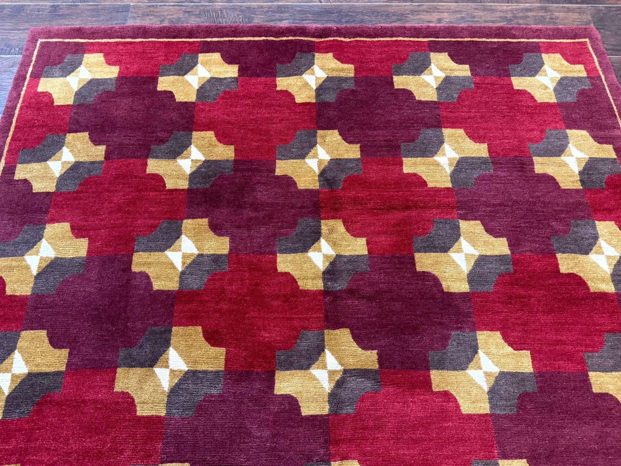 Modern Tibetan Rug 5 x 6.8, Wool, Red, Allover Pattern, Nepali Rug, Abstract Rug, Handmade Area Rug - Jewel RugsShopify CollectiveHUNTEDFOX - Modern Tibetan Rug 5 x 6.8, Wool, Red, Allover Pattern, Nepali Rug, Abstract Rug, Handmade Area Rug