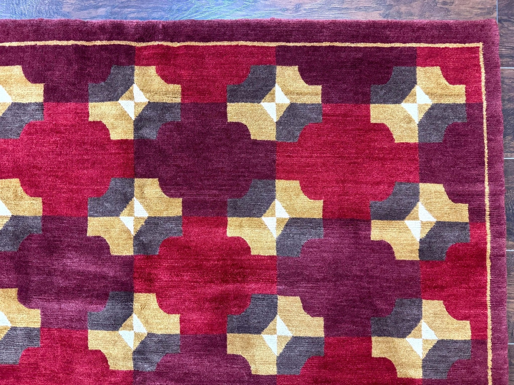 Modern Tibetan Rug 5 x 6.8, Wool, Red, Allover Pattern, Nepali Rug, Abstract Rug, Handmade Area Rug - Jewel RugsShopify CollectiveHUNTEDFOX - Modern Tibetan Rug 5 x 6.8, Wool, Red, Allover Pattern, Nepali Rug, Abstract Rug, Handmade Area Rug