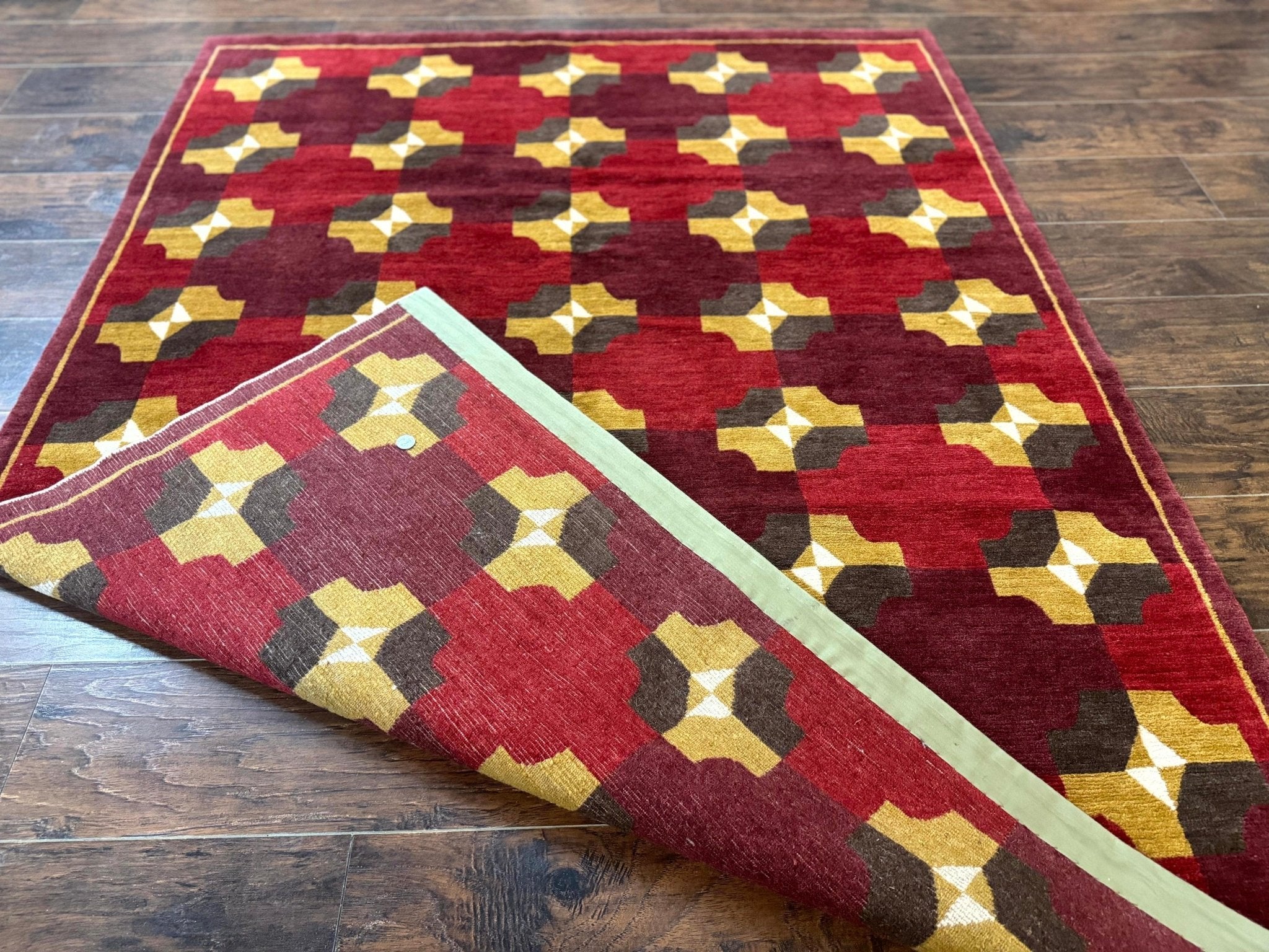 Modern Tibetan Rug 5 x 6.8, Wool, Red, Allover Pattern, Nepali Rug, Abstract Rug, Handmade Area Rug - Jewel RugsShopify CollectiveHUNTEDFOX - Modern Tibetan Rug 5 x 6.8, Wool, Red, Allover Pattern, Nepali Rug, Abstract Rug, Handmade Area Rug