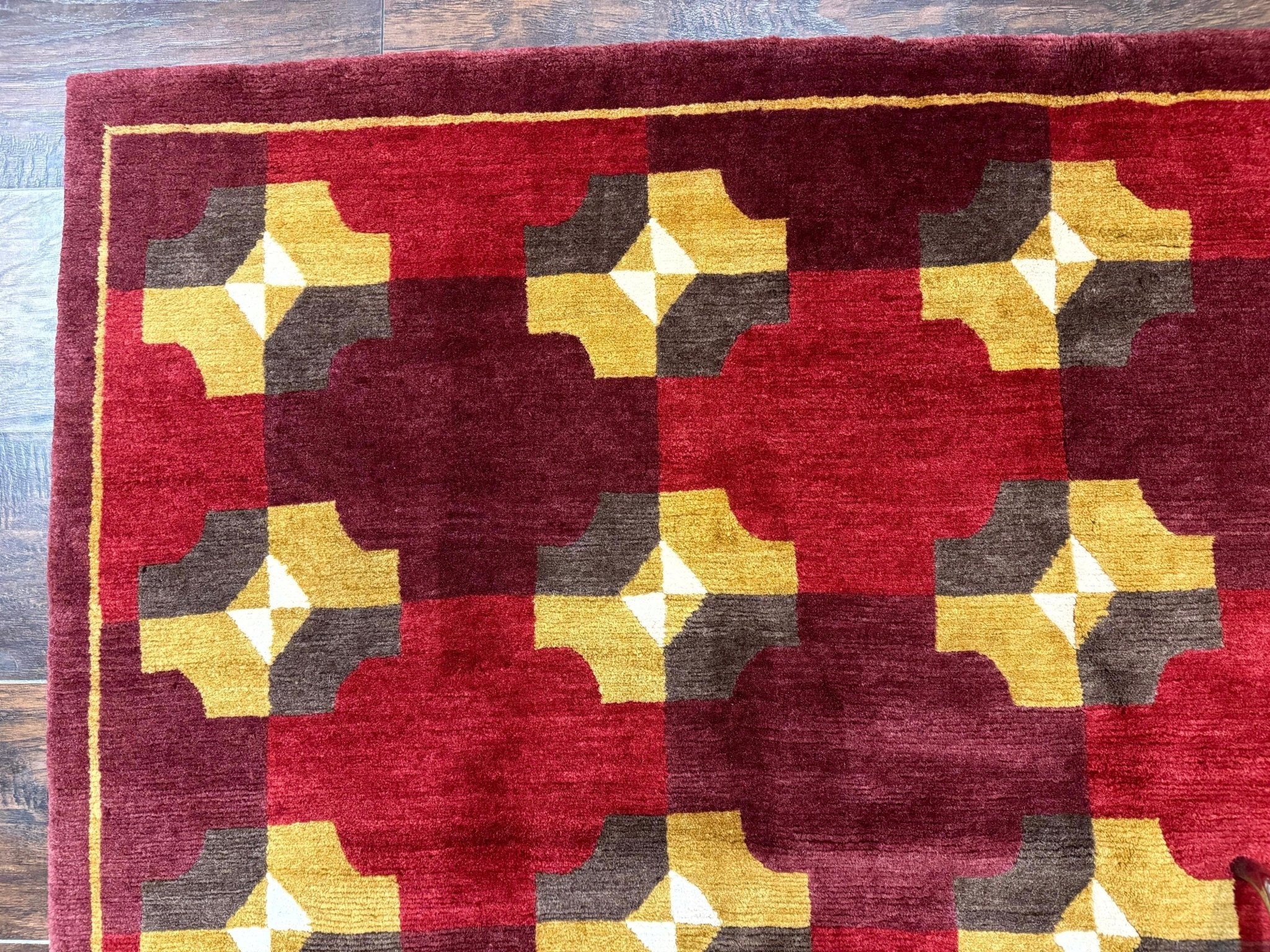 Modern Tibetan Rug 5 x 6.8, Wool, Red, Allover Pattern, Nepali Rug, Abstract Rug, Handmade Area Rug - Jewel RugsShopify CollectiveHUNTEDFOX - Modern Tibetan Rug 5 x 6.8, Wool, Red, Allover Pattern, Nepali Rug, Abstract Rug, Handmade Area Rug