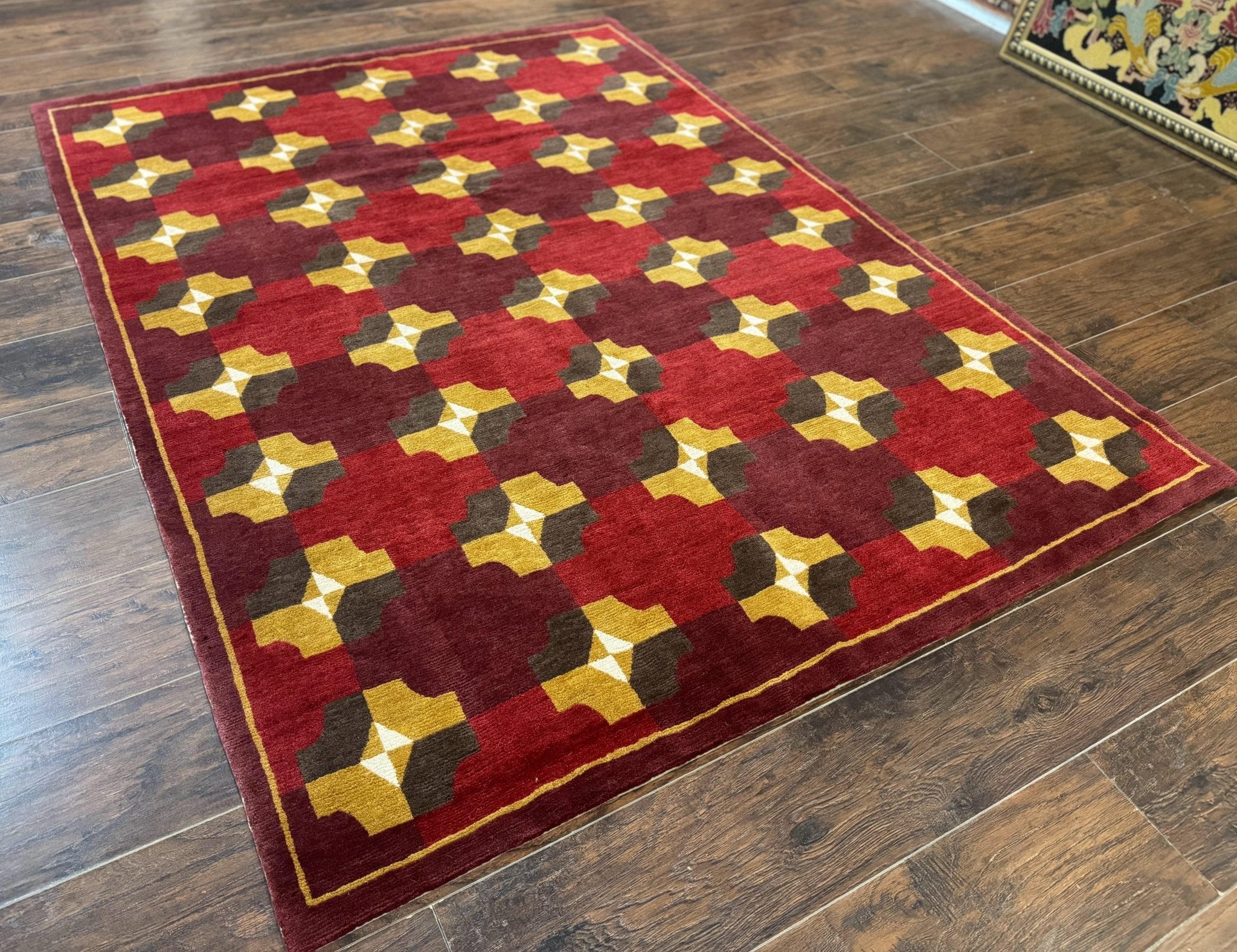 Modern Tibetan Rug 5 x 6.8, Wool, Red, Allover Pattern, Nepali Rug, Abstract Rug, Handmade Area Rug - Jewel RugsShopify CollectiveHUNTEDFOX - Modern Tibetan Rug 5 x 6.8, Wool, Red, Allover Pattern, Nepali Rug, Abstract Rug, Handmade Area Rug