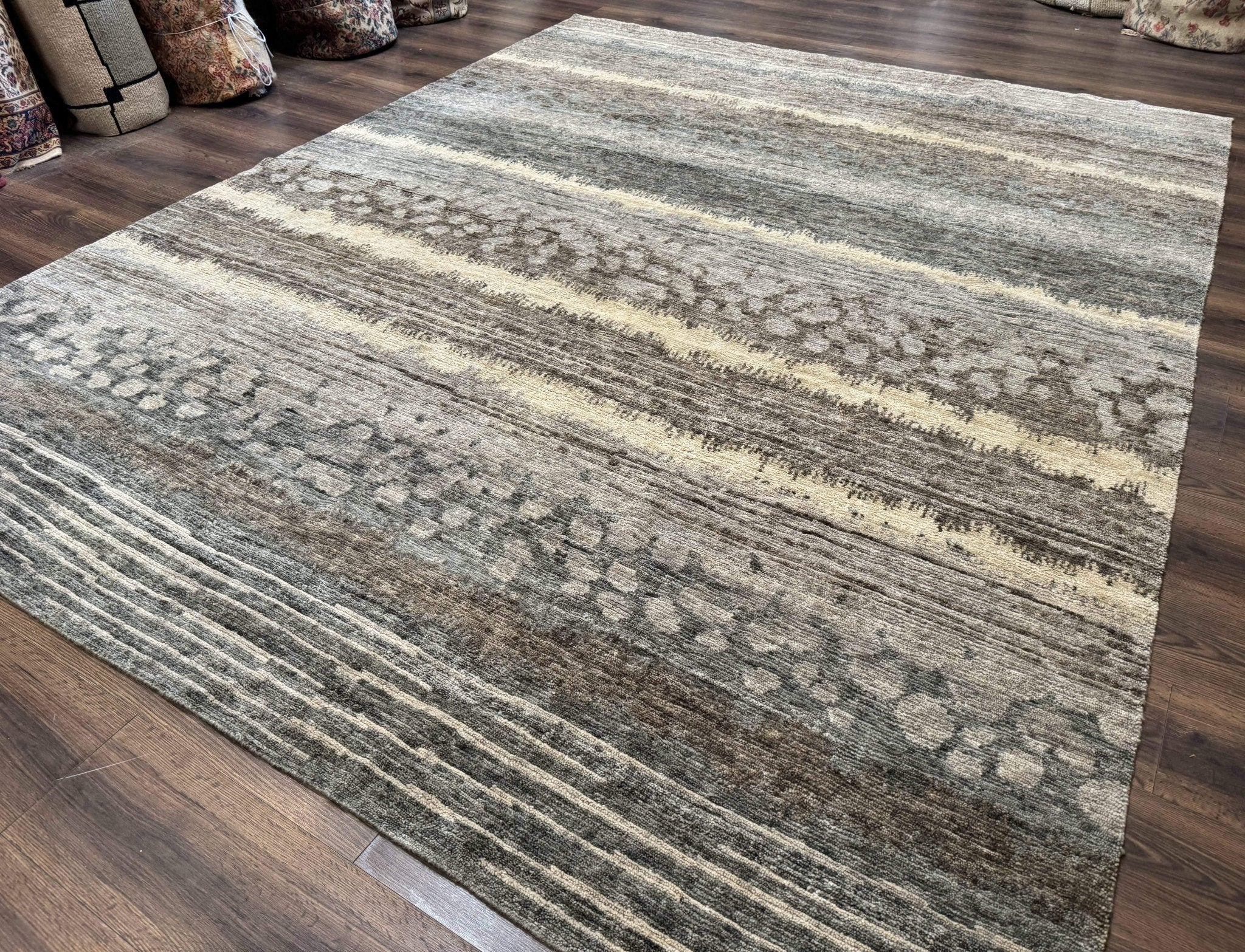 Modern Tibetan Wool Rug 8x10, Abstract, Contemporary, Handmade, Gray, Stripes - Jewel RugsShopify CollectiveHUNTEDFOX - Modern Tibetan Wool Rug 8x10, Abstract, Contemporary, Handmade, Gray, Stripes