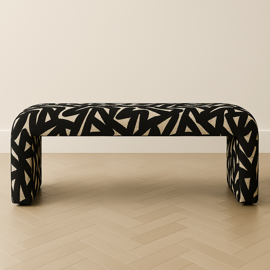 Modern Upholstered Bench | Black & Ivory Geometric Fabric with Rounded Corners - H|F AtelierShopify CollectiveHUNTEDFOX - Modern Upholstered Bench | Black & Ivory Geometric Fabric with Rounded Corners