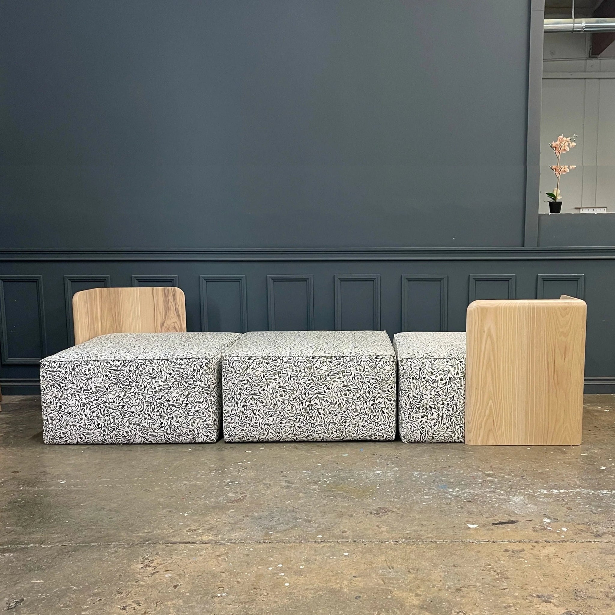 Modular Upholstered Sofa with Oak Wood Corners – Custom Seating - H|F AtelierLEATHERottomanHUNTEDFOX - Modular Upholstered Sofa with Oak Wood Corners – Custom Seating