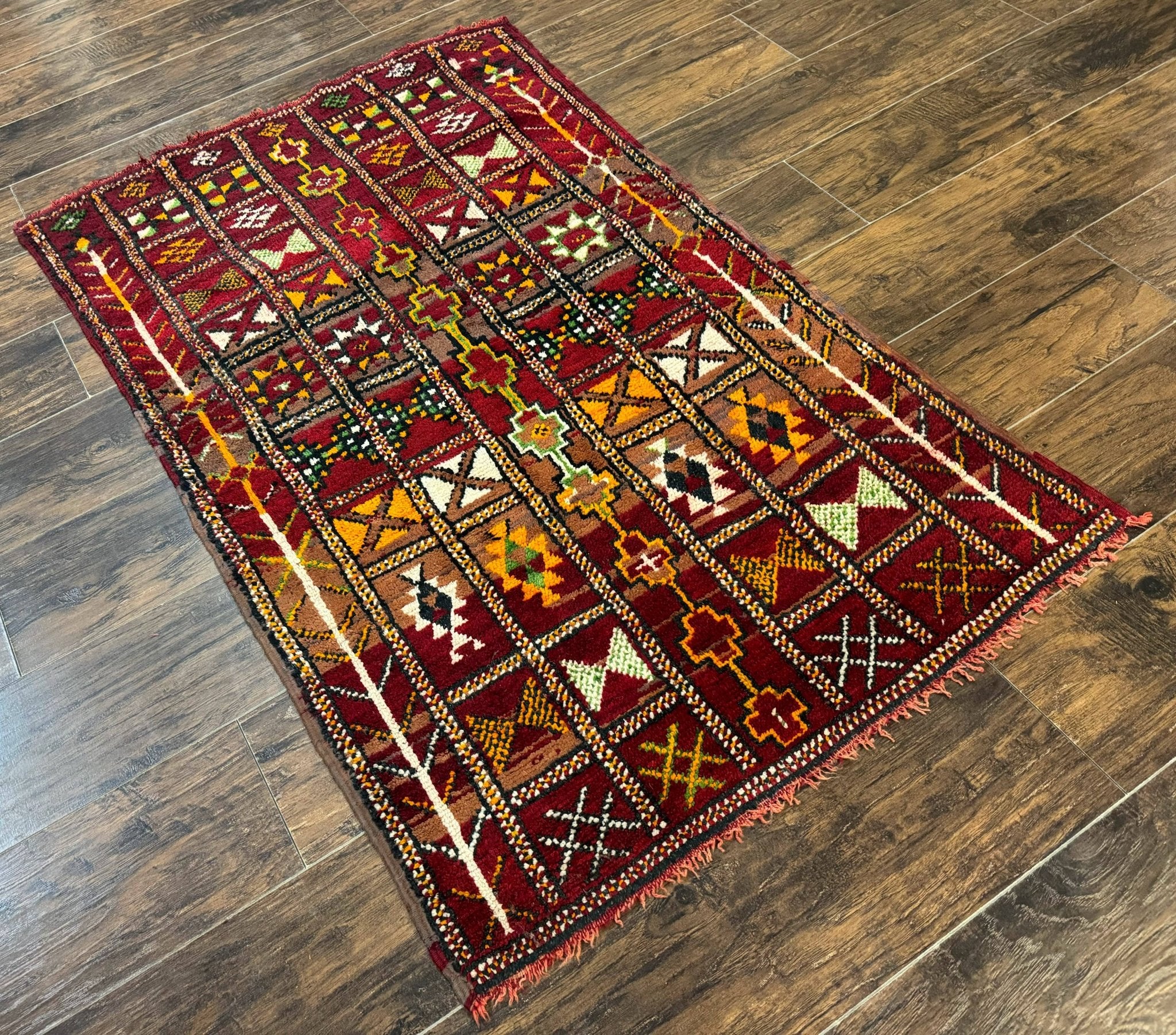 Moroccan Berber Tribal Rug 3x5, Geometric Area Rug, Red Orange Brown - Jewel RugsShopify CollectiveHUNTEDFOX - Moroccan Berber Tribal Rug 3x5, Geometric Area Rug, Red Orange Brown
