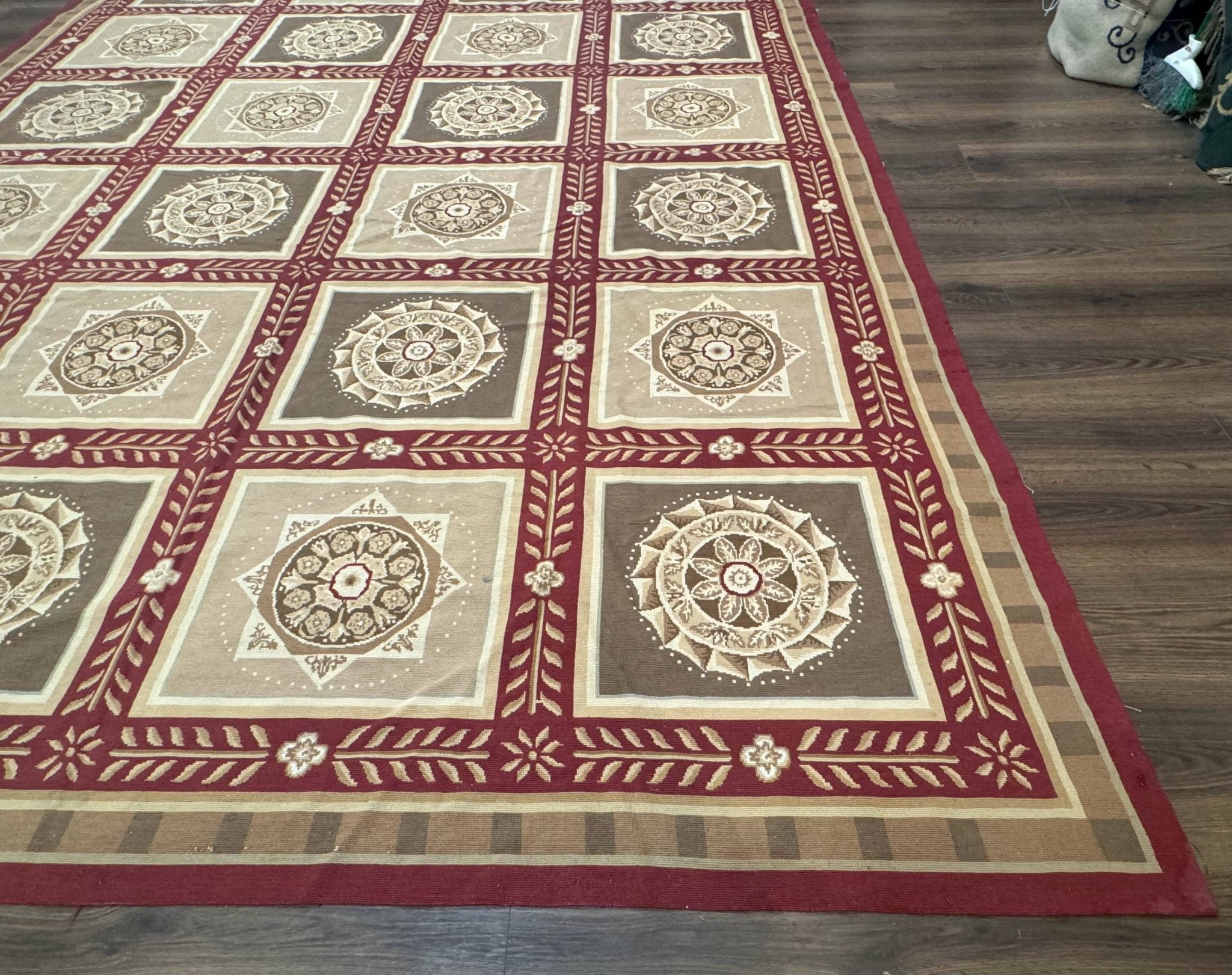 Needlepoint Rug 9x12, Panel Design, Burgundy Taupe, Elegant - Jewel RugsShopify CollectiveHUNTEDFOX - Needlepoint Rug 9x12, Panel Design, Burgundy Taupe, Elegant