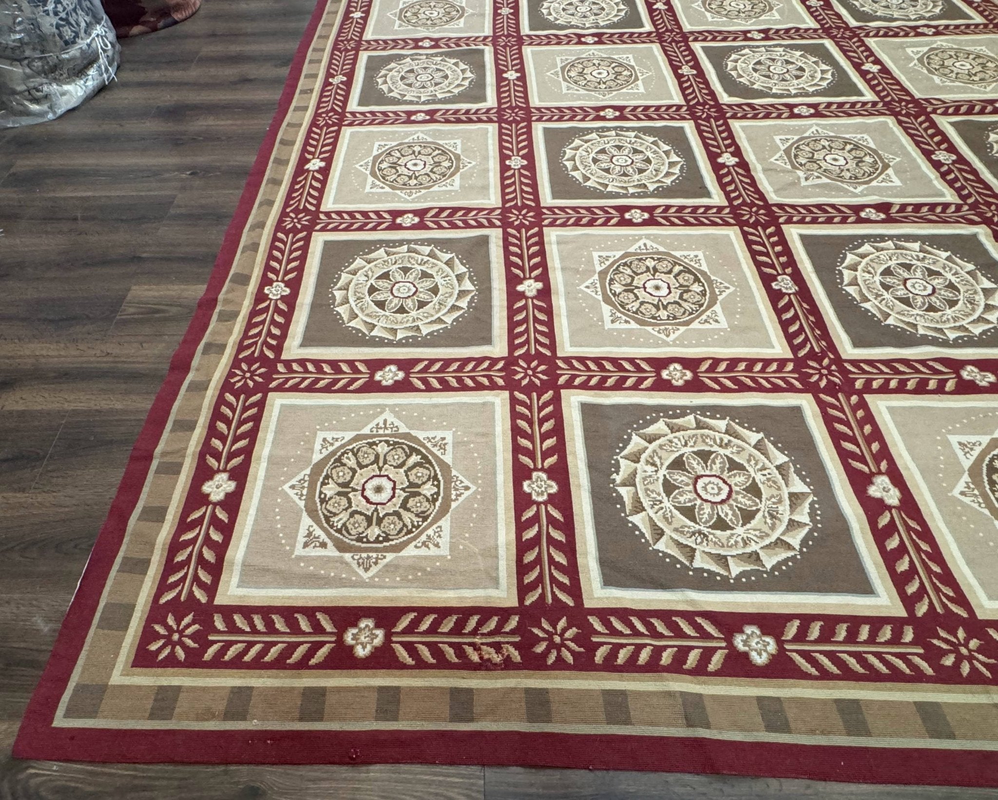 Needlepoint Rug 9x12, Panel Design, Burgundy Taupe, Elegant - Jewel RugsShopify CollectiveHUNTEDFOX - Needlepoint Rug 9x12, Panel Design, Burgundy Taupe, Elegant