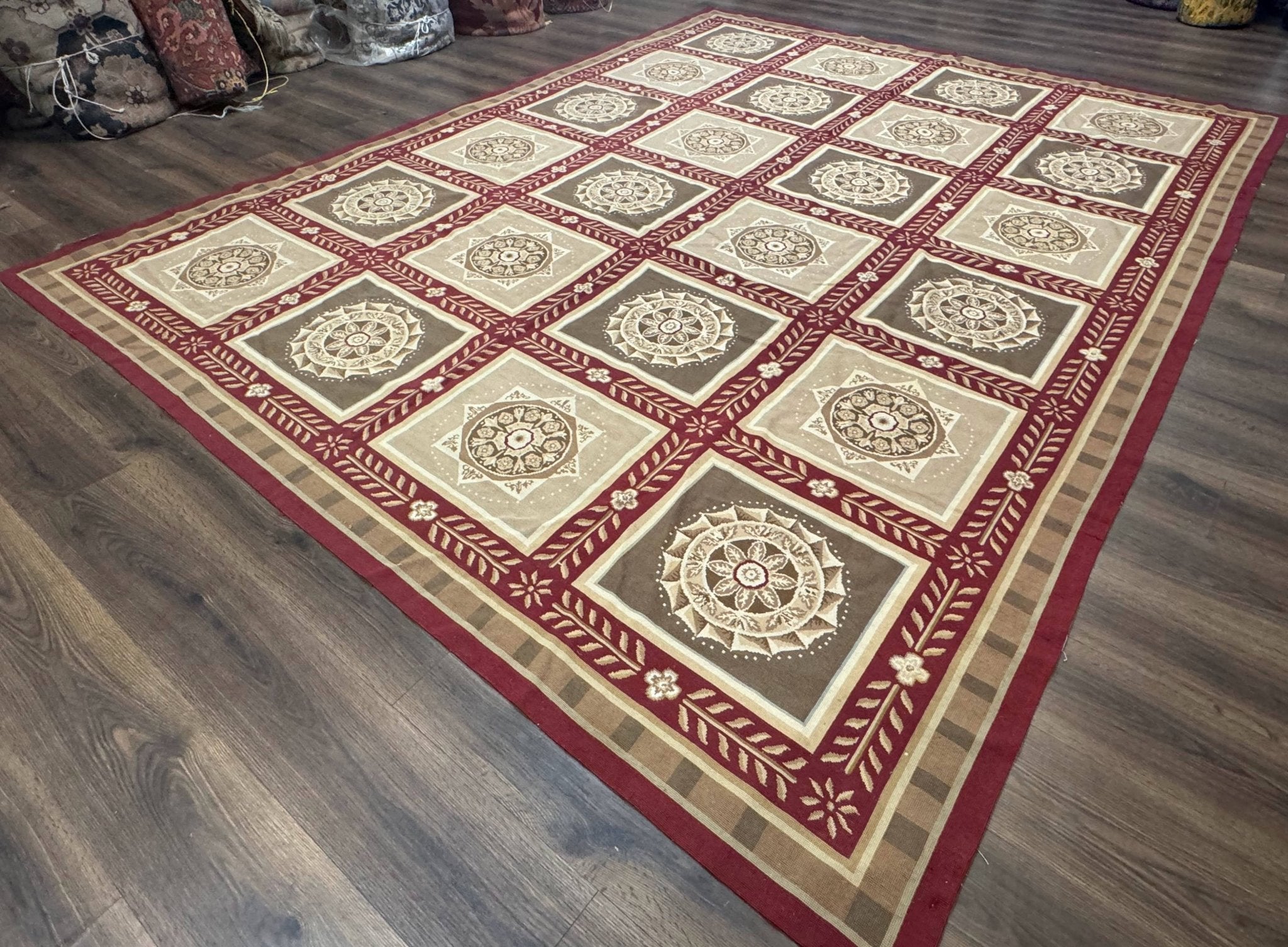 Needlepoint Rug 9x12, Panel Design, Burgundy Taupe, Elegant - Jewel RugsShopify CollectiveHUNTEDFOX - Needlepoint Rug 9x12, Panel Design, Burgundy Taupe, Elegant