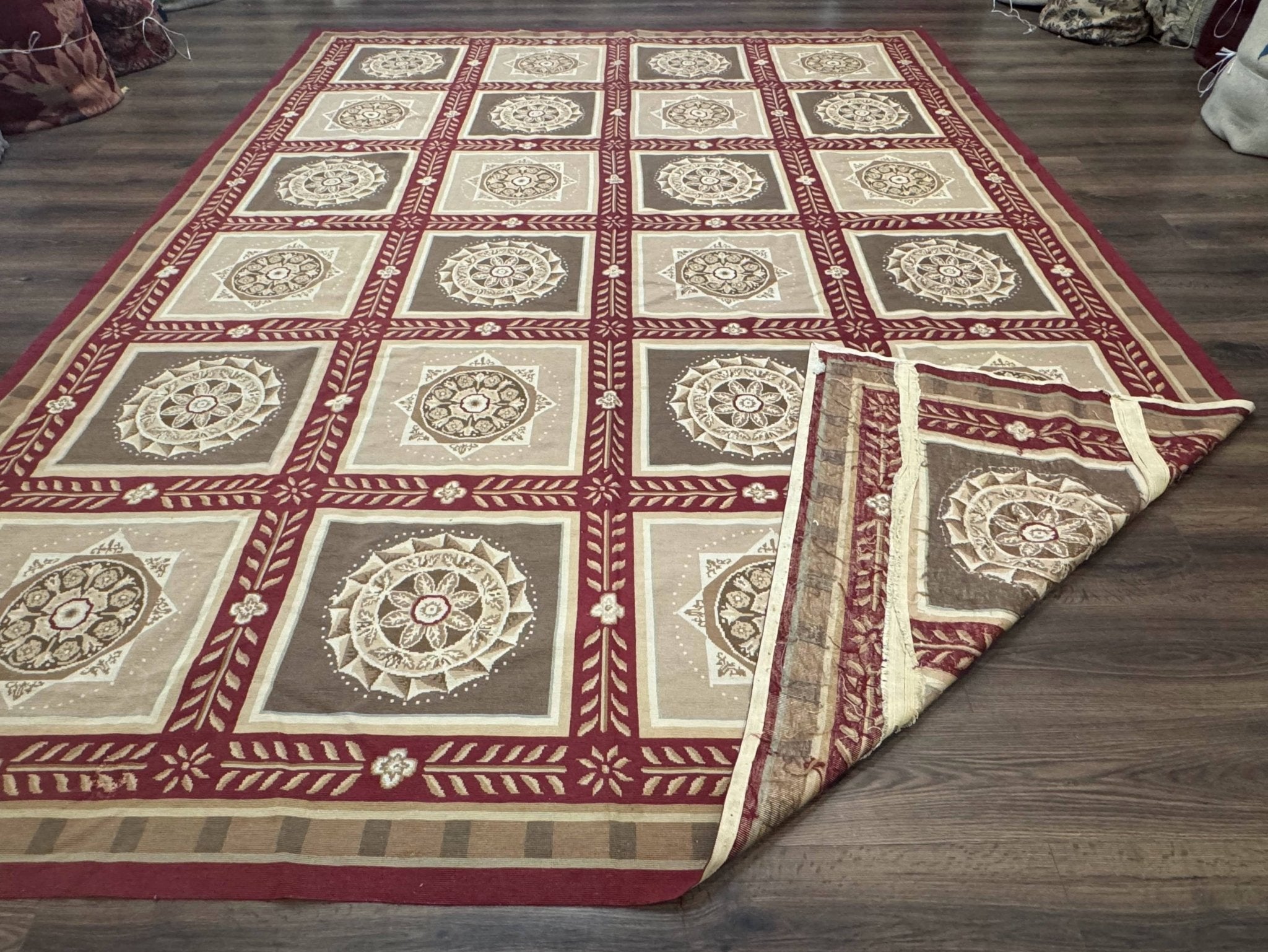 Needlepoint Rug 9x12, Panel Design, Burgundy Taupe, Elegant - Jewel RugsShopify CollectiveHUNTEDFOX - Needlepoint Rug 9x12, Panel Design, Burgundy Taupe, Elegant