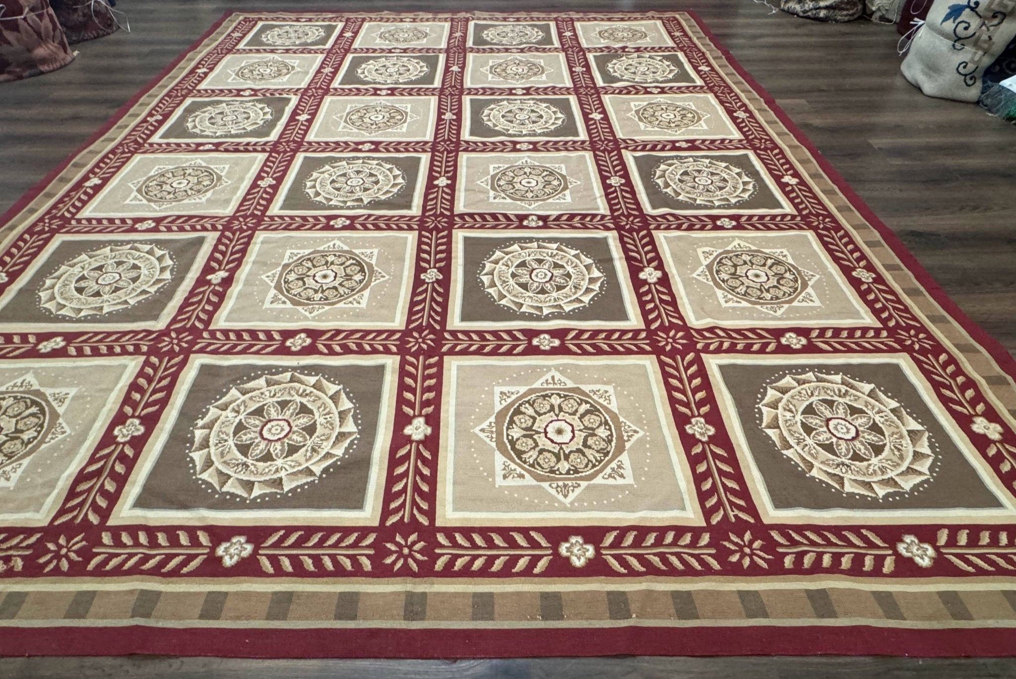 Needlepoint Rug 9x12, Panel Design, Burgundy Taupe, Elegant - Jewel RugsShopify CollectiveHUNTEDFOX - Needlepoint Rug 9x12, Panel Design, Burgundy Taupe, Elegant