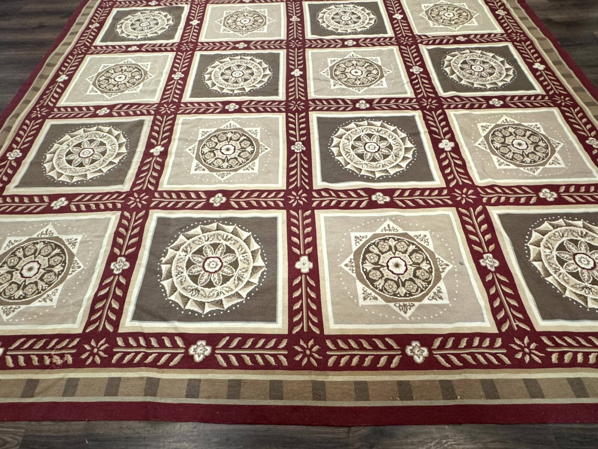 Needlepoint Rug 9x12, Panel Design, Burgundy Taupe, Elegant - Jewel RugsShopify CollectiveHUNTEDFOX - Needlepoint Rug 9x12, Panel Design, Burgundy Taupe, Elegant