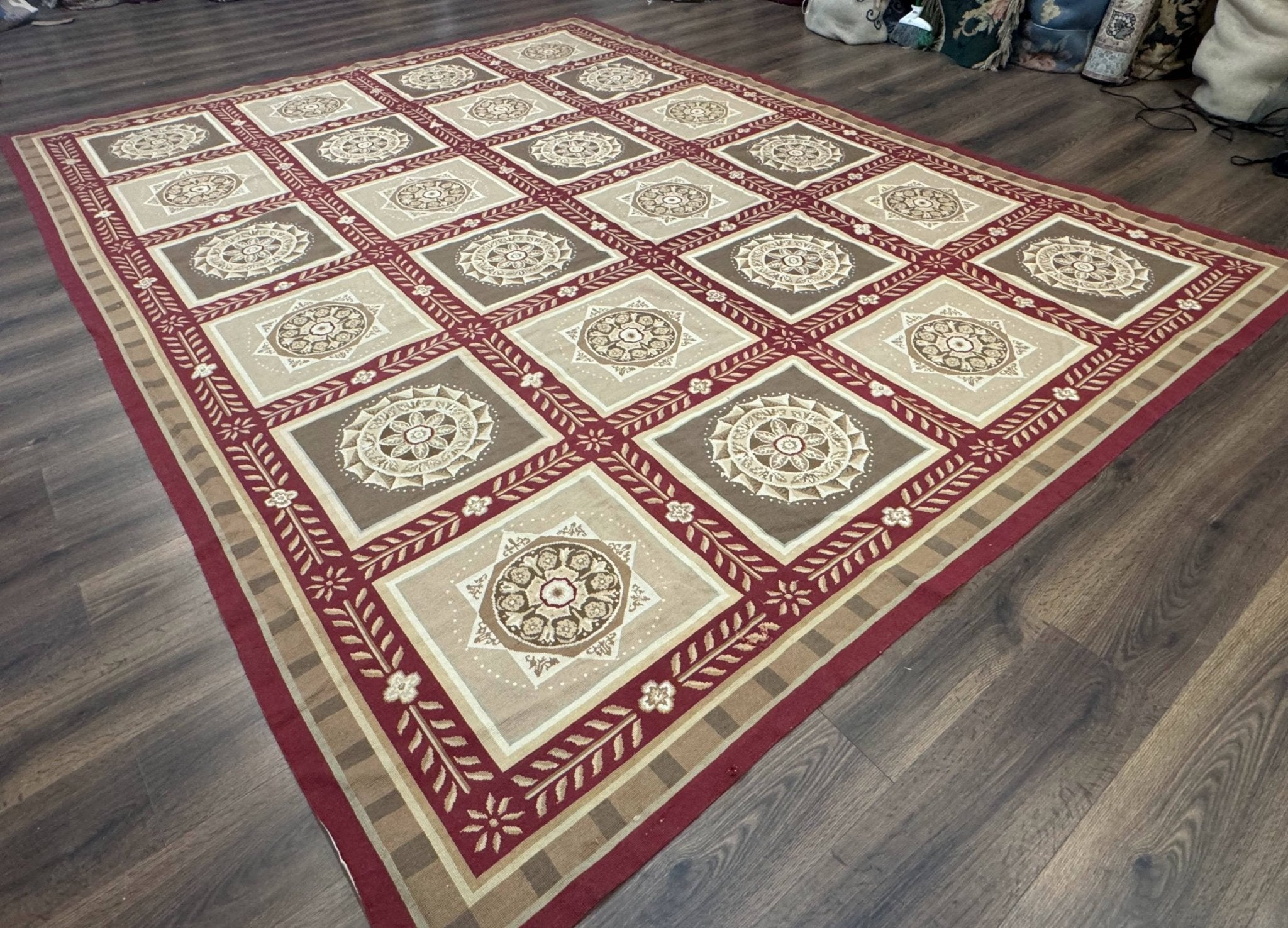 Needlepoint Rug 9x12, Panel Design, Burgundy Taupe, Elegant - Jewel RugsShopify CollectiveHUNTEDFOX - Needlepoint Rug 9x12, Panel Design, Burgundy Taupe, Elegant