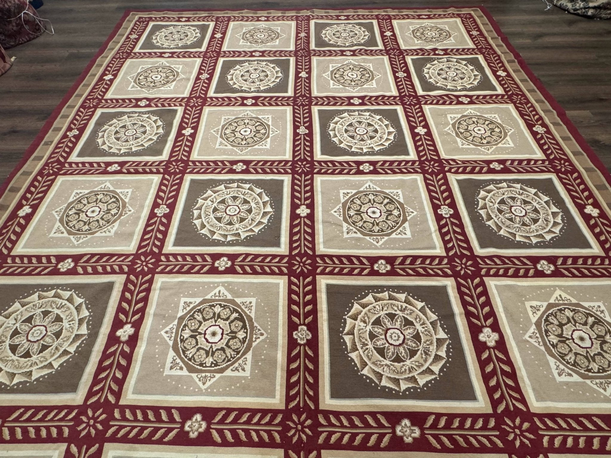 Needlepoint Rug 9x12, Panel Design, Burgundy Taupe, Elegant - Jewel RugsShopify CollectiveHUNTEDFOX - Needlepoint Rug 9x12, Panel Design, Burgundy Taupe, Elegant