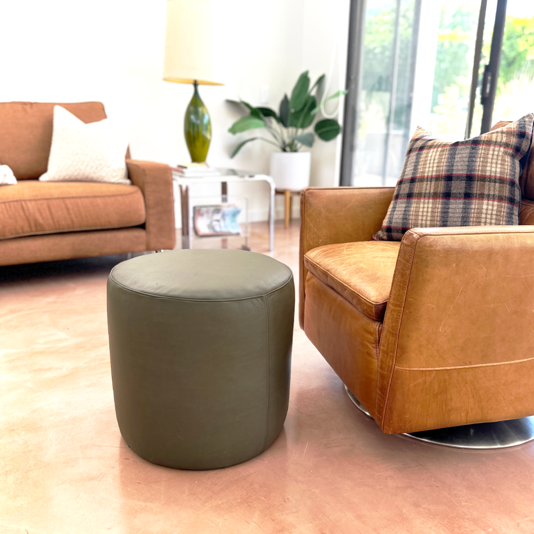 Ottoman | Classic Luxurious Olive Green Leather Ottoman - Handcrafted Elegance