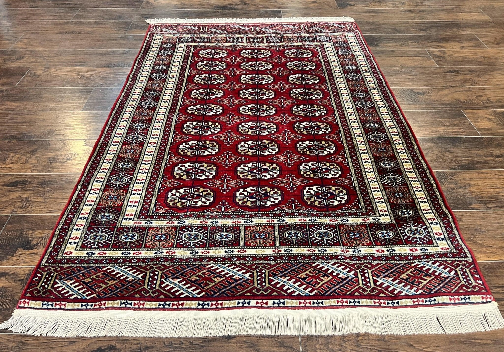 Pakistani Bokhara Rug 4x6, Red Turkoman Carpet, Finely Hand Knotted, Wool Vintage Rug - Jewel RugsShopify CollectiveHUNTEDFOX - Pakistani Bokhara Rug 4x6, Red Turkoman Carpet, Finely Hand Knotted, Wool Vintage Rug