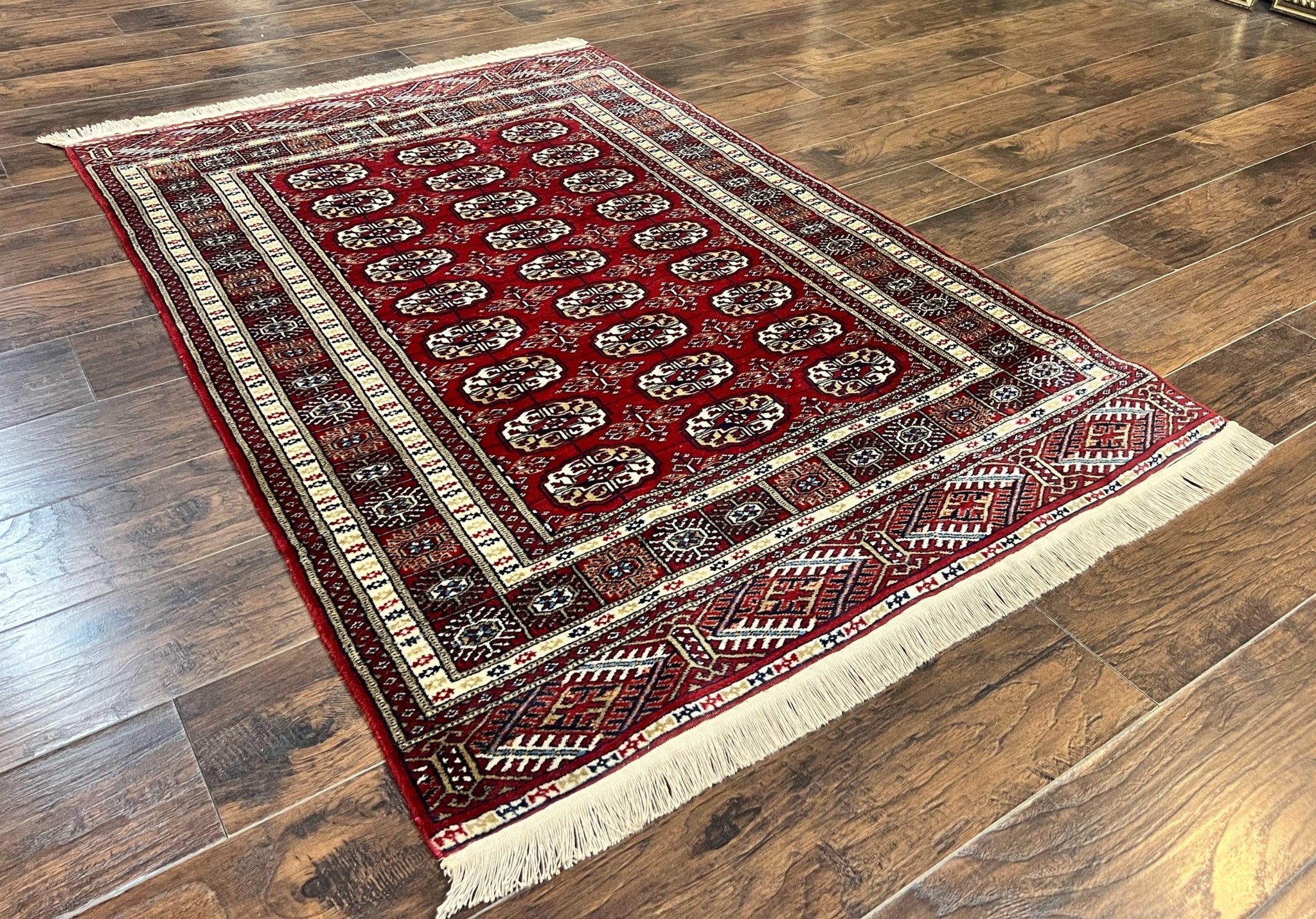 Pakistani Bokhara Rug 4x6, Red Turkoman Carpet, Finely Hand Knotted, Wool Vintage Rug - Jewel RugsShopify CollectiveHUNTEDFOX - Pakistani Bokhara Rug 4x6, Red Turkoman Carpet, Finely Hand Knotted, Wool Vintage Rug