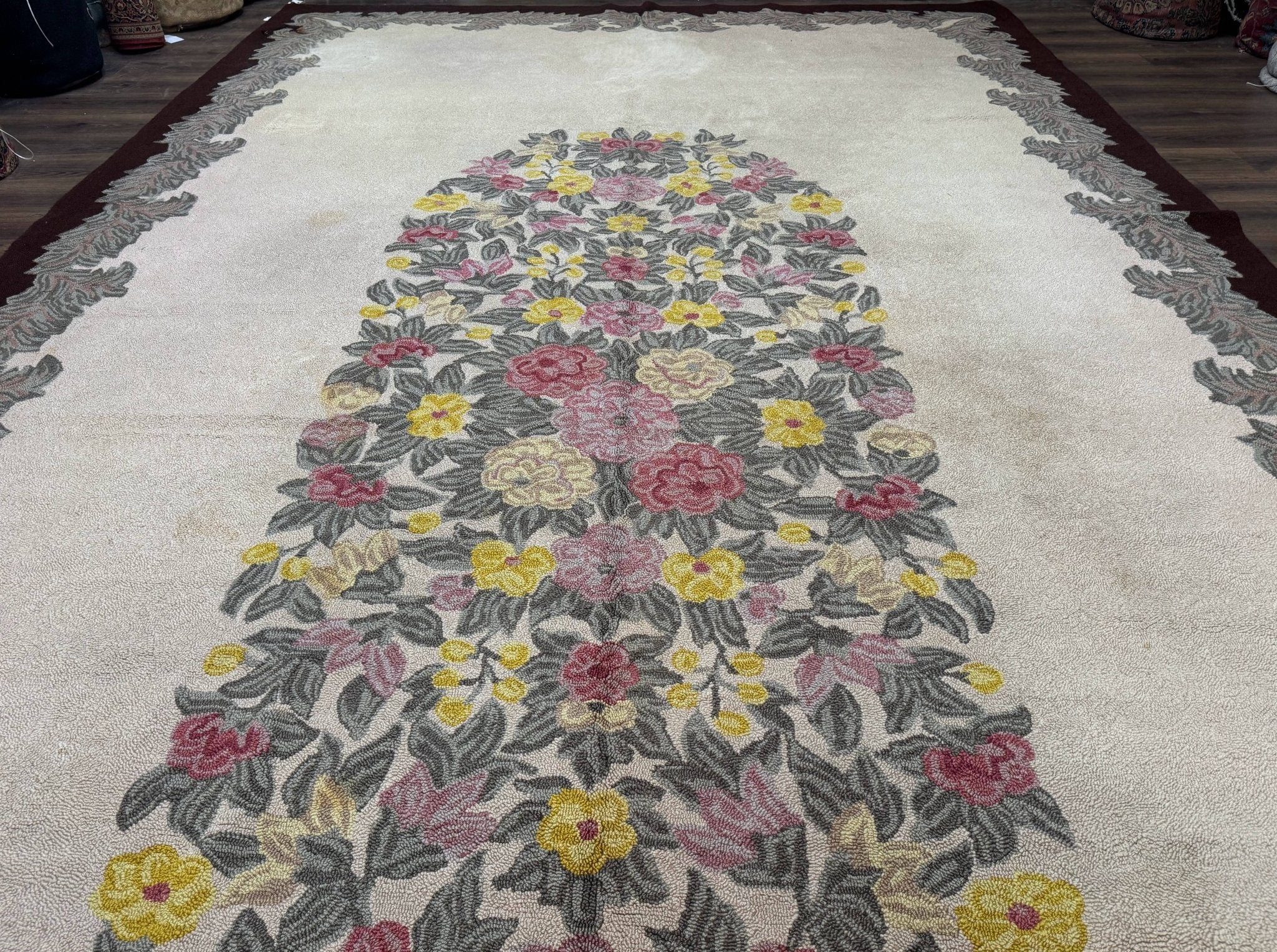 Palace Size American Hooked Rug 11x20 Aubusson Style Ivory - Jewel RugsShopify CollectiveHUNTEDFOX - Palace Size American Hooked Rug 11x20 Aubusson Style Ivory