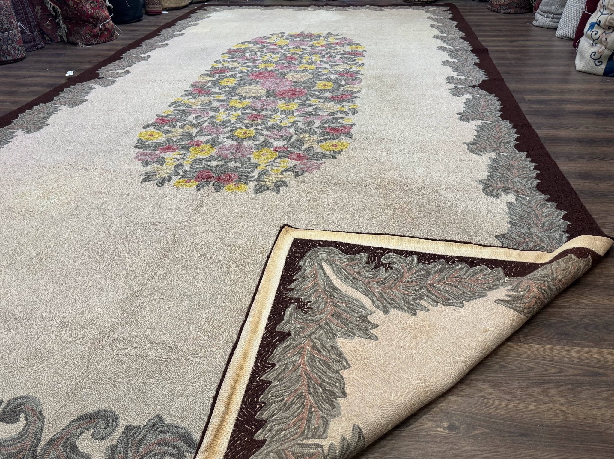 Palace Size American Hooked Rug 11x20 Aubusson Style Ivory - Jewel RugsShopify CollectiveHUNTEDFOX - Palace Size American Hooked Rug 11x20 Aubusson Style Ivory