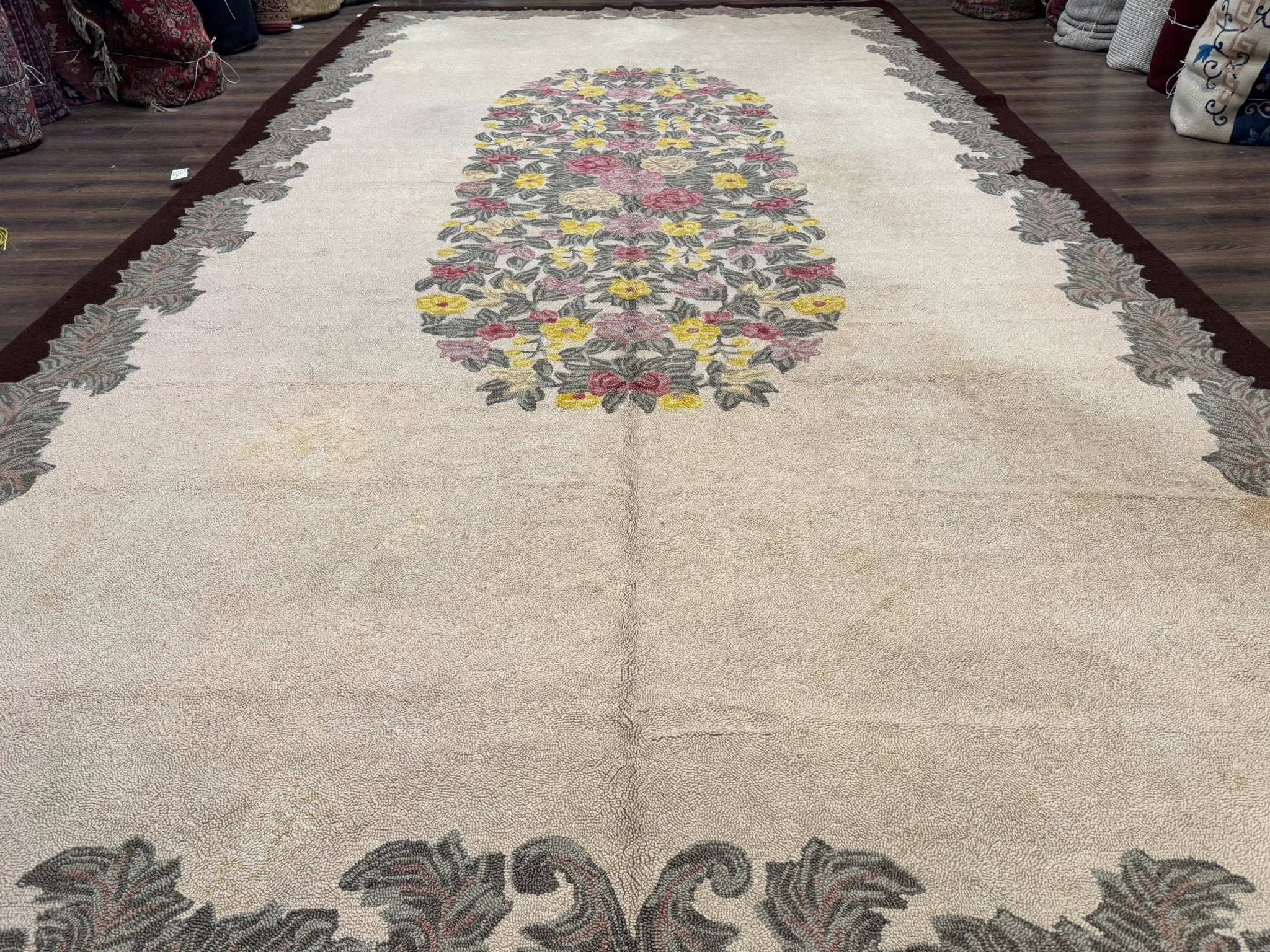 Palace Size American Hooked Rug 11x20 Aubusson Style Ivory - Jewel RugsShopify CollectiveHUNTEDFOX - Palace Size American Hooked Rug 11x20 Aubusson Style Ivory