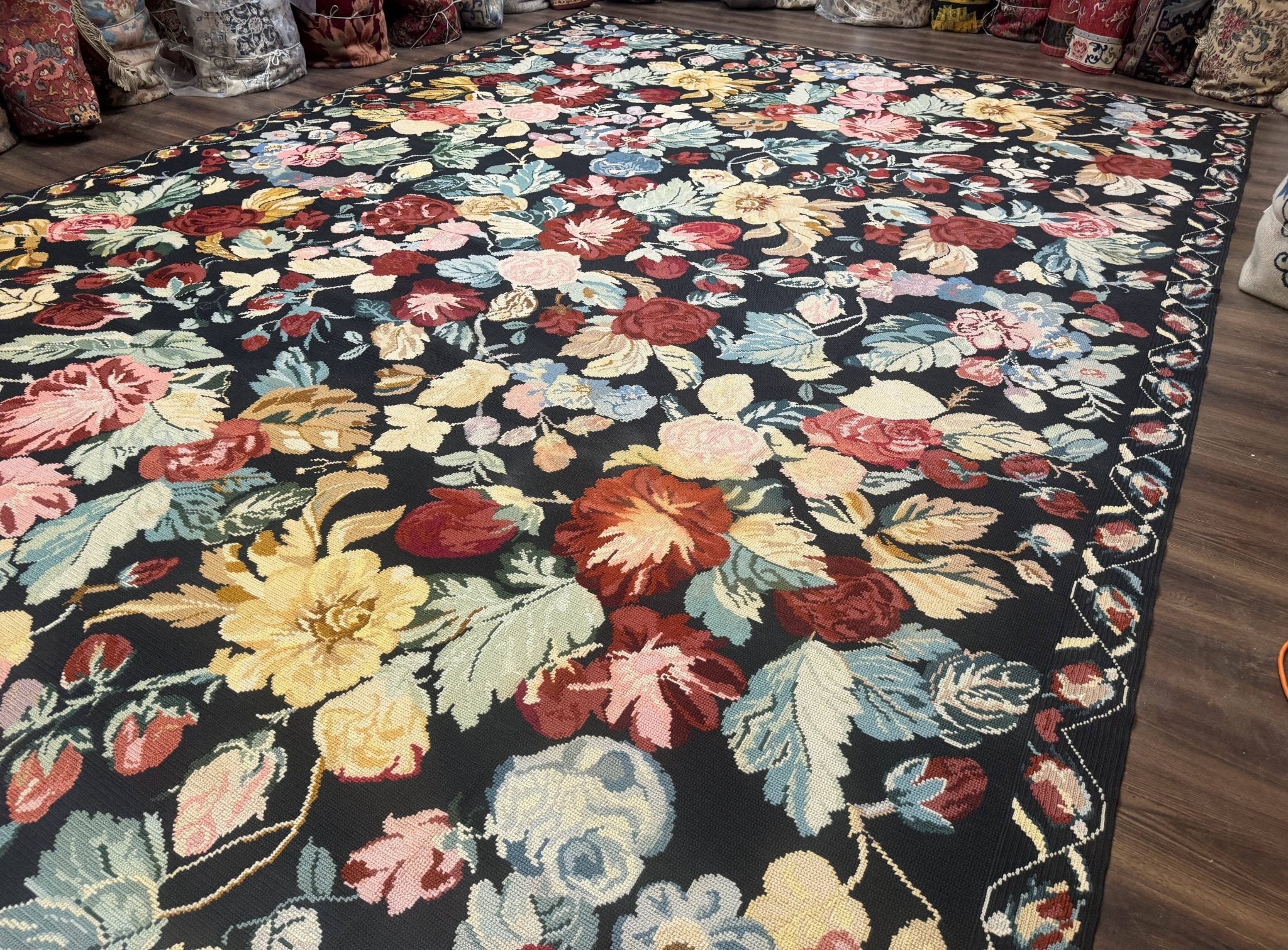 Palace Size Needlepoint Rug 12x18, Vintage Spanish Portuguese Carpet, Floral Design - Jewel RugsShopify CollectiveHUNTEDFOX - Palace Size Needlepoint Rug 12x18, Vintage Spanish Portuguese Carpet, Floral Design