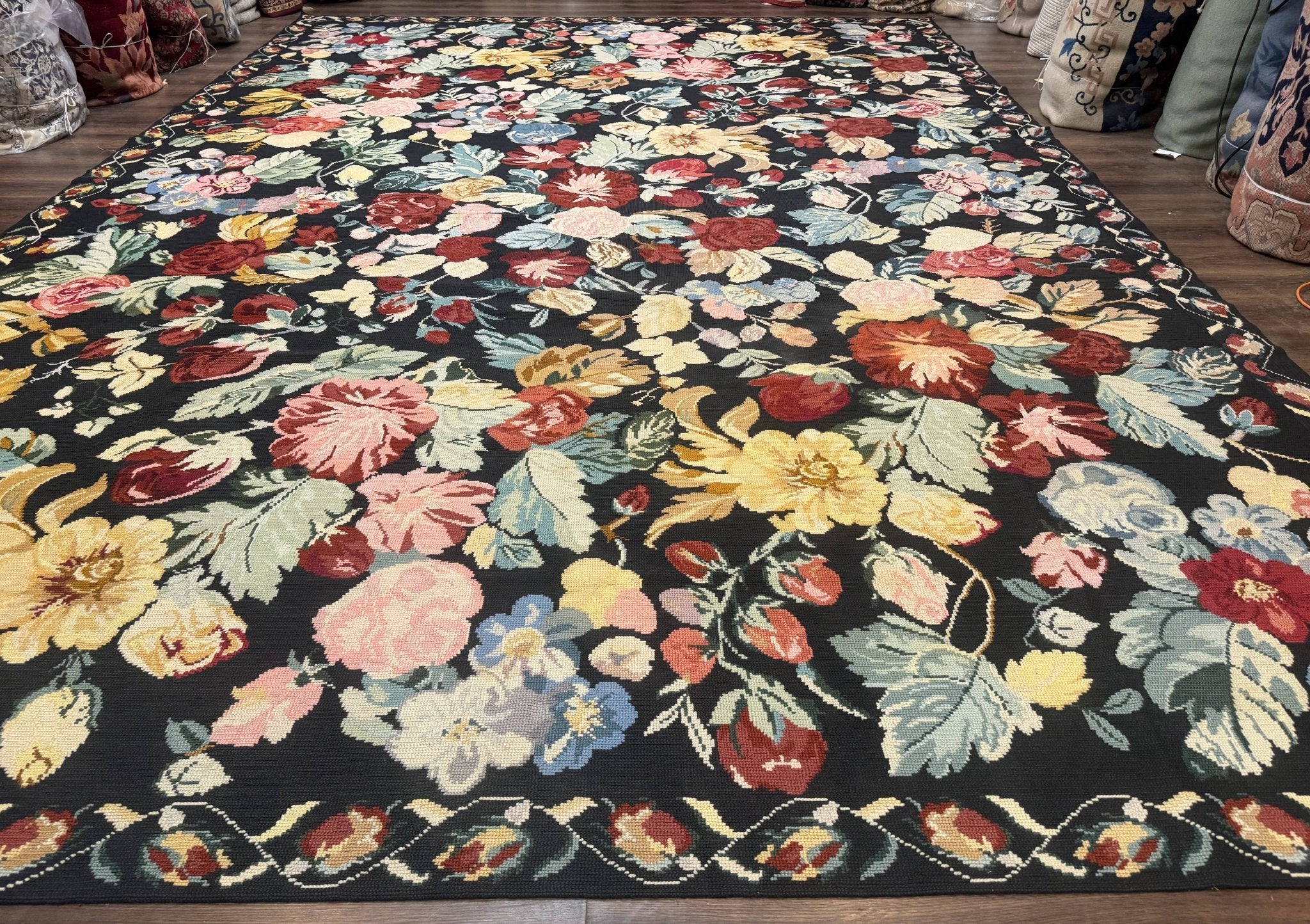 Palace Size Needlepoint Rug 12x18, Vintage Spanish Portuguese Carpet, Floral Design - Jewel RugsShopify CollectiveHUNTEDFOX - Palace Size Needlepoint Rug 12x18, Vintage Spanish Portuguese Carpet, Floral Design