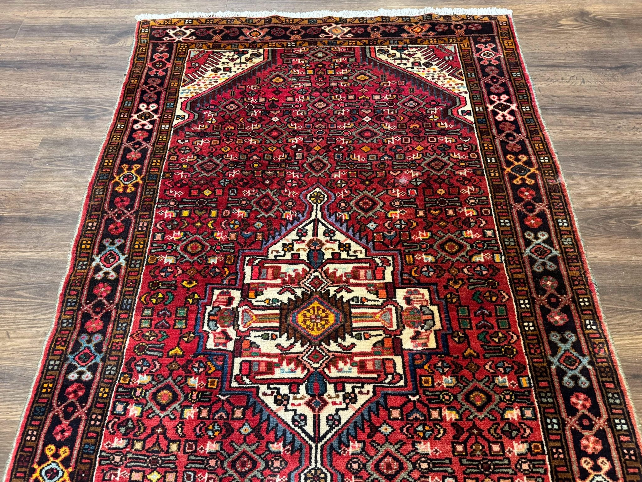 Persian Hamadan Rug 4x7, Tribal Village Malayer Carpet, Red and Ivory, Bohemian Antique - Jewel RugsShopify CollectiveHUNTEDFOX - Persian Hamadan Rug 4x7, Tribal Village Malayer Carpet, Red and Ivory, Bohemian Antique