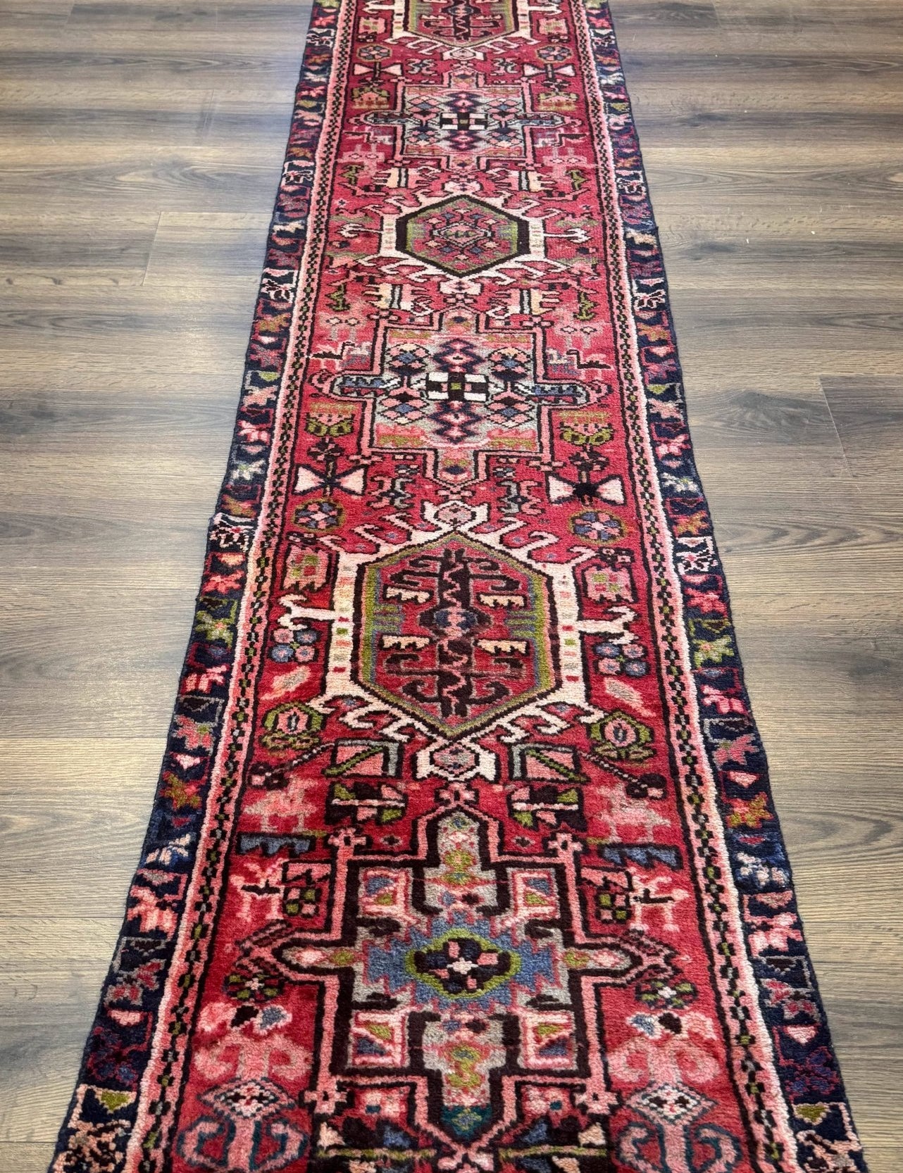 Persian Heriz Karajeh Runner Rug 2x9, Geometric Medallions, Red Navy Blue, 2 x 9 Rug for Hallway - Jewel RugsShopify CollectiveHUNTEDFOX - Persian Heriz Karajeh Runner Rug 2x9, Geometric Medallions, Red Navy Blue, 2 x 9 Rug for Hallway