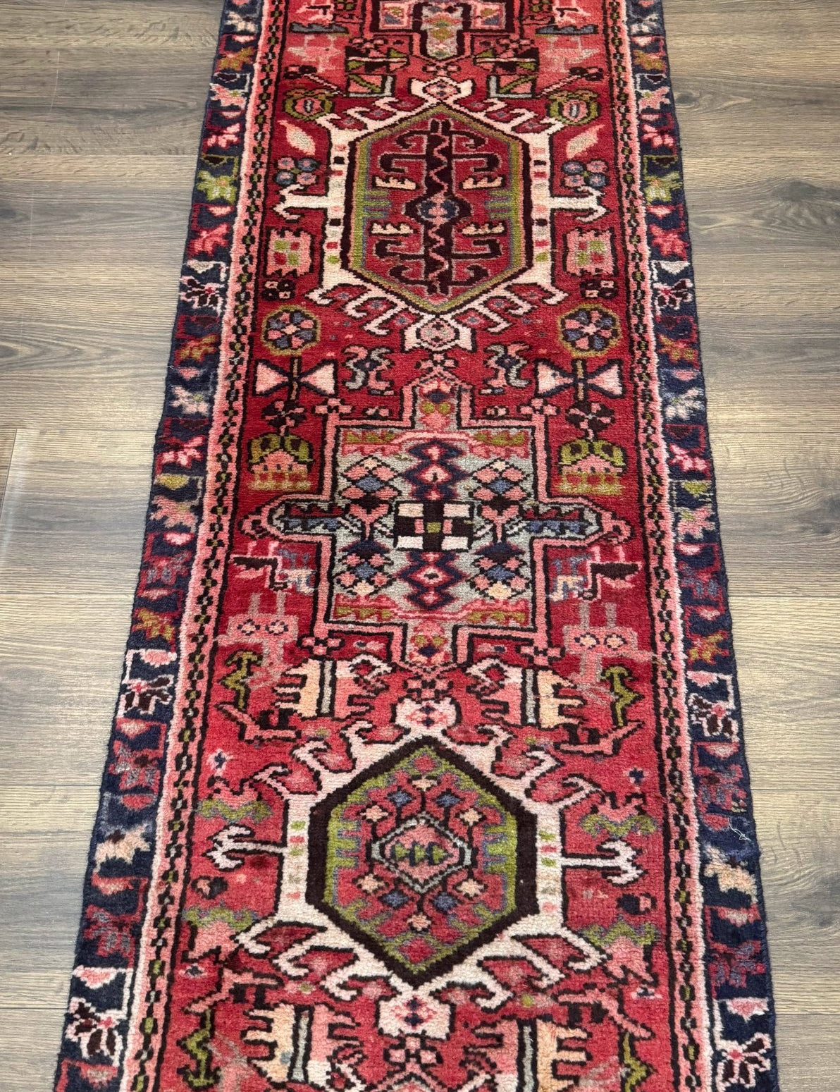 Persian Heriz Karajeh Runner Rug 2x9, Geometric Medallions, Red Navy Blue, 2 x 9 Rug for Hallway - Jewel RugsShopify CollectiveHUNTEDFOX - Persian Heriz Karajeh Runner Rug 2x9, Geometric Medallions, Red Navy Blue, 2 x 9 Rug for Hallway