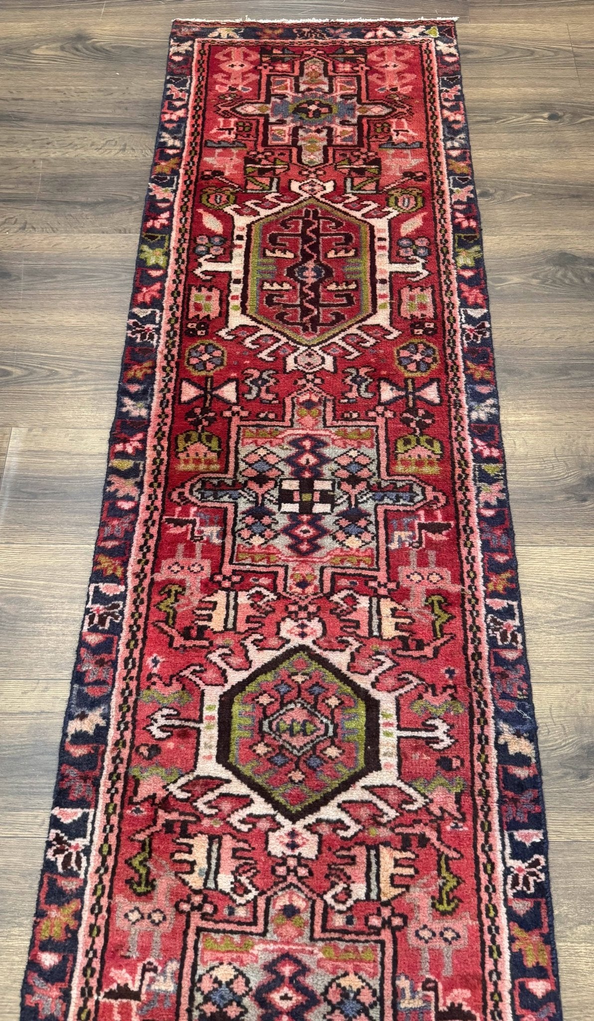 Persian Heriz Karajeh Runner Rug 2x9, Geometric Medallions, Red Navy Blue, 2 x 9 Rug for Hallway - Jewel RugsShopify CollectiveHUNTEDFOX - Persian Heriz Karajeh Runner Rug 2x9, Geometric Medallions, Red Navy Blue, 2 x 9 Rug for Hallway