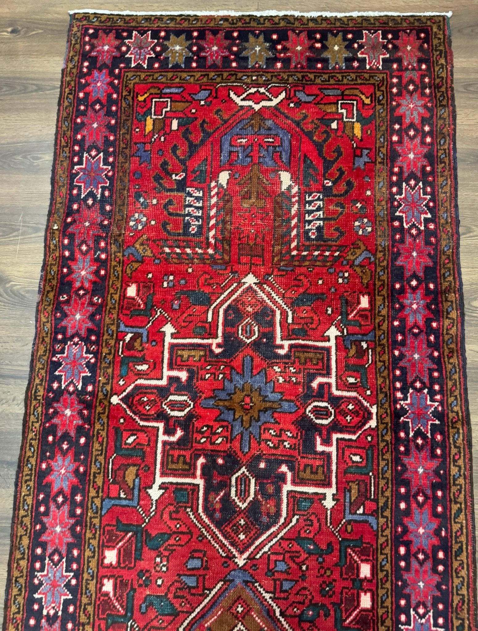 Persian Heriz Karajeh Runner Rug 3.7 x 12, Geometric Medallions, Red and Navy Blue - Jewel RugsShopify CollectiveHUNTEDFOX - Persian Heriz Karajeh Runner Rug 3.7 x 12, Geometric Medallions, Red and Navy Blue